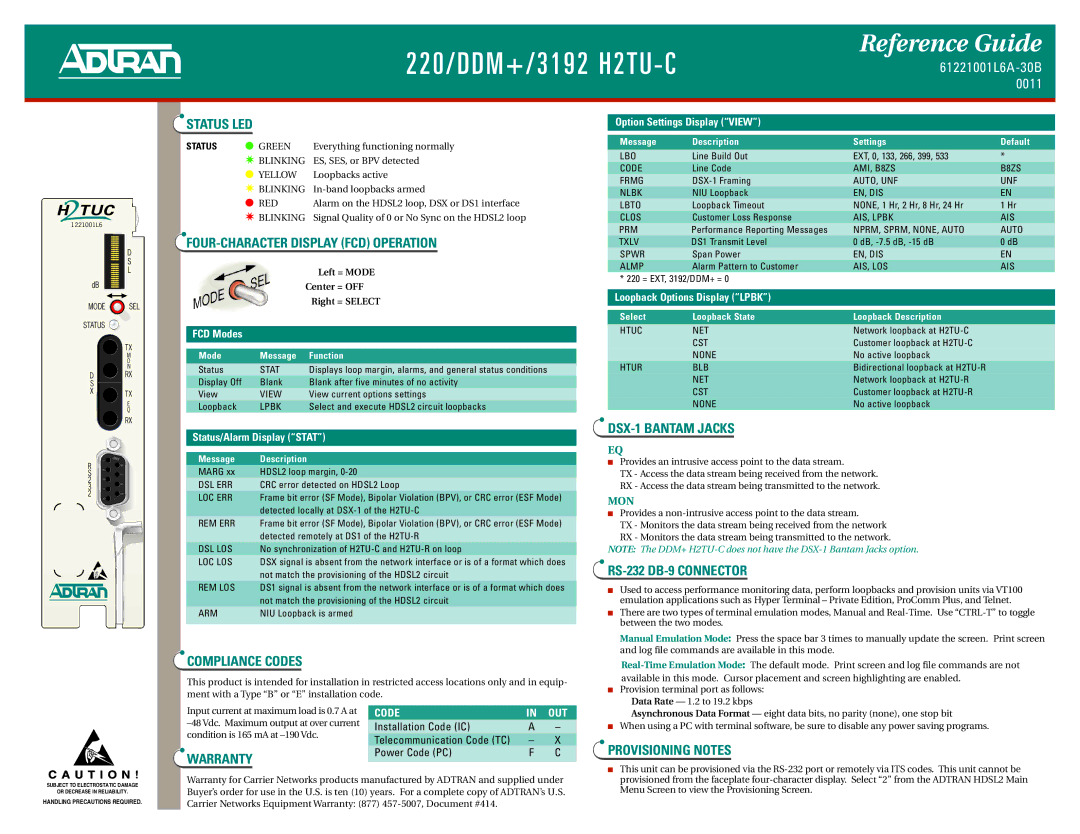 ADTRAN 220 DDM, 3192 H2TU-C warranty Status LED, FOUR-CHARACTER Display FCD Operation, Compliance Codes, Warranty 