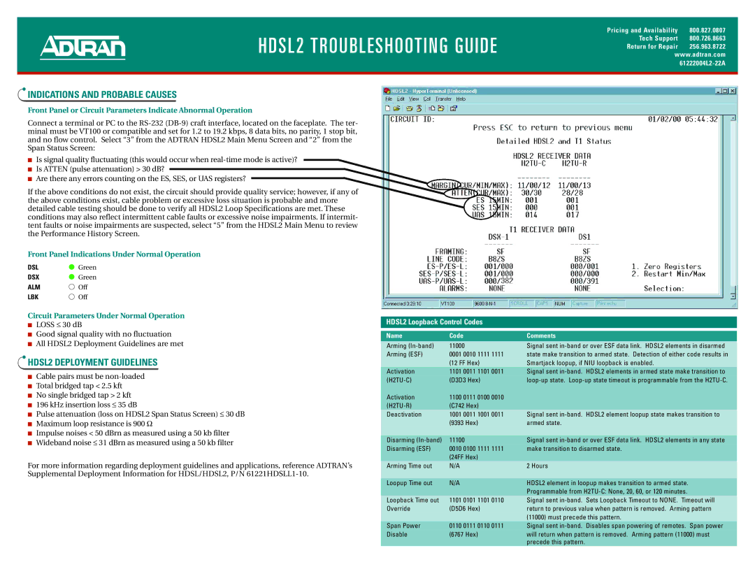 ADTRAN 3192 H2TU-C warranty Indications and Probable Causes, HDSL2 Deployment Guidelines 