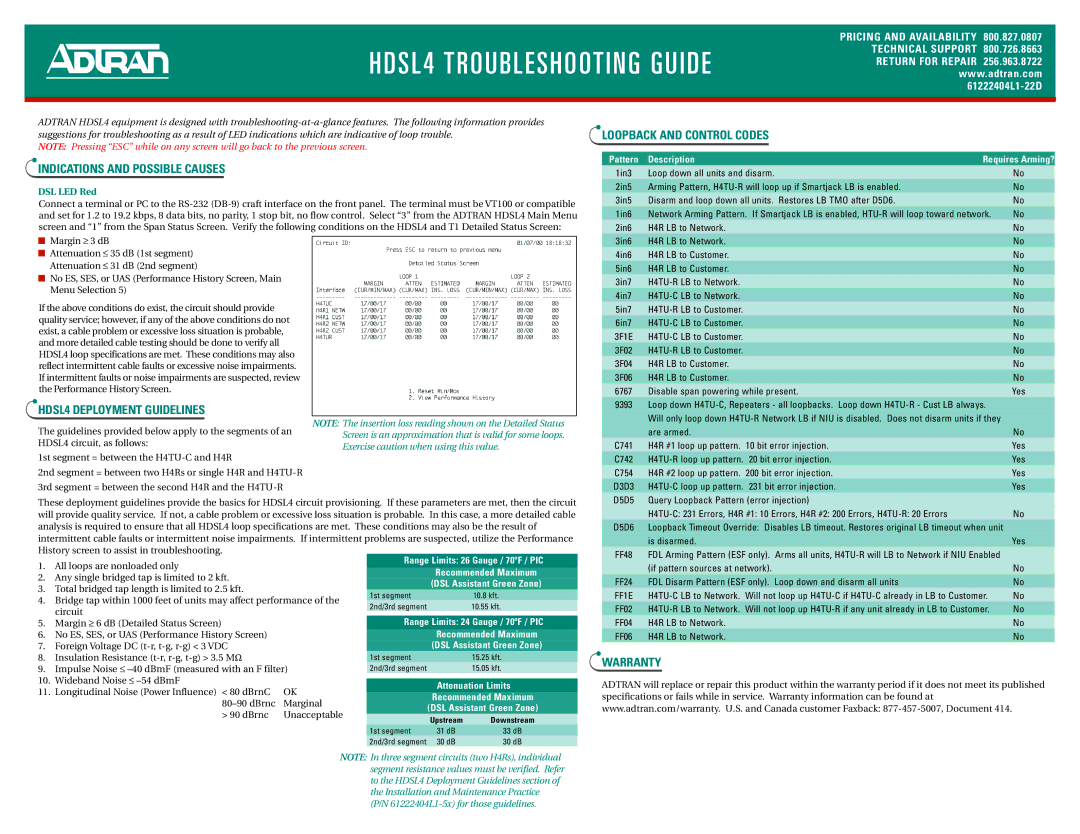 ADTRAN 3192 H4TU-C manual Range Limits 26 Gauge / 70ºF / PIC, Recommended Maximum, Range Limits 24 Gauge / 70ºF / PIC 