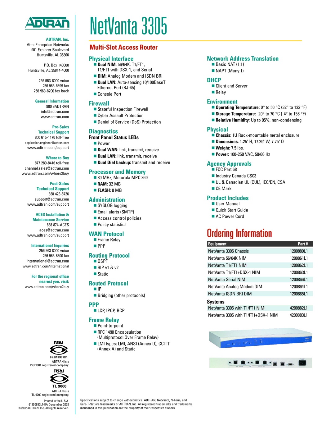 ADTRAN 3305 warranty Dhcp, Ppp 