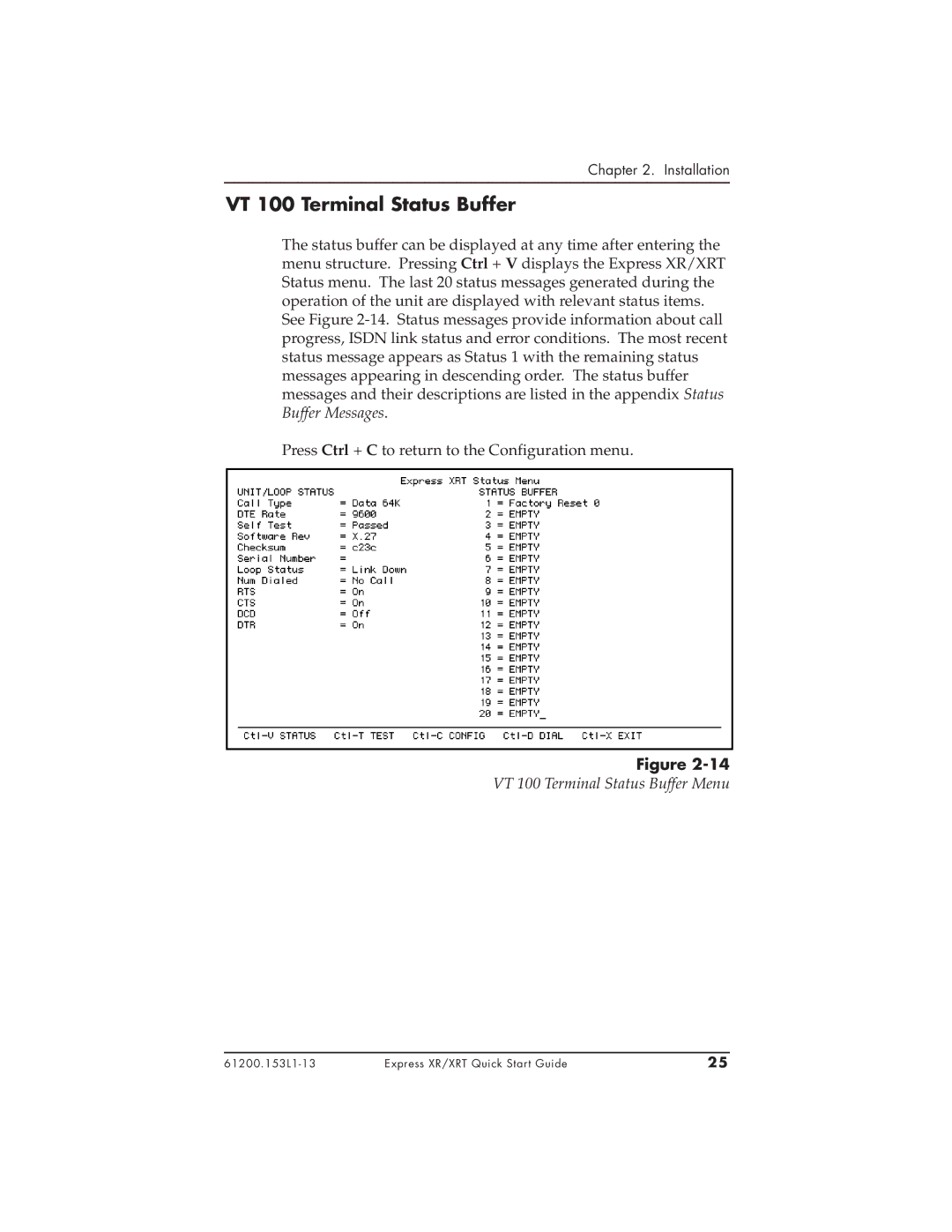 ADTRAN 1200153L2, 3360.9VU01, 1200153L1, 336048VUR-2, XRT quick start VT 100 Terminal Status Buffer Menu 