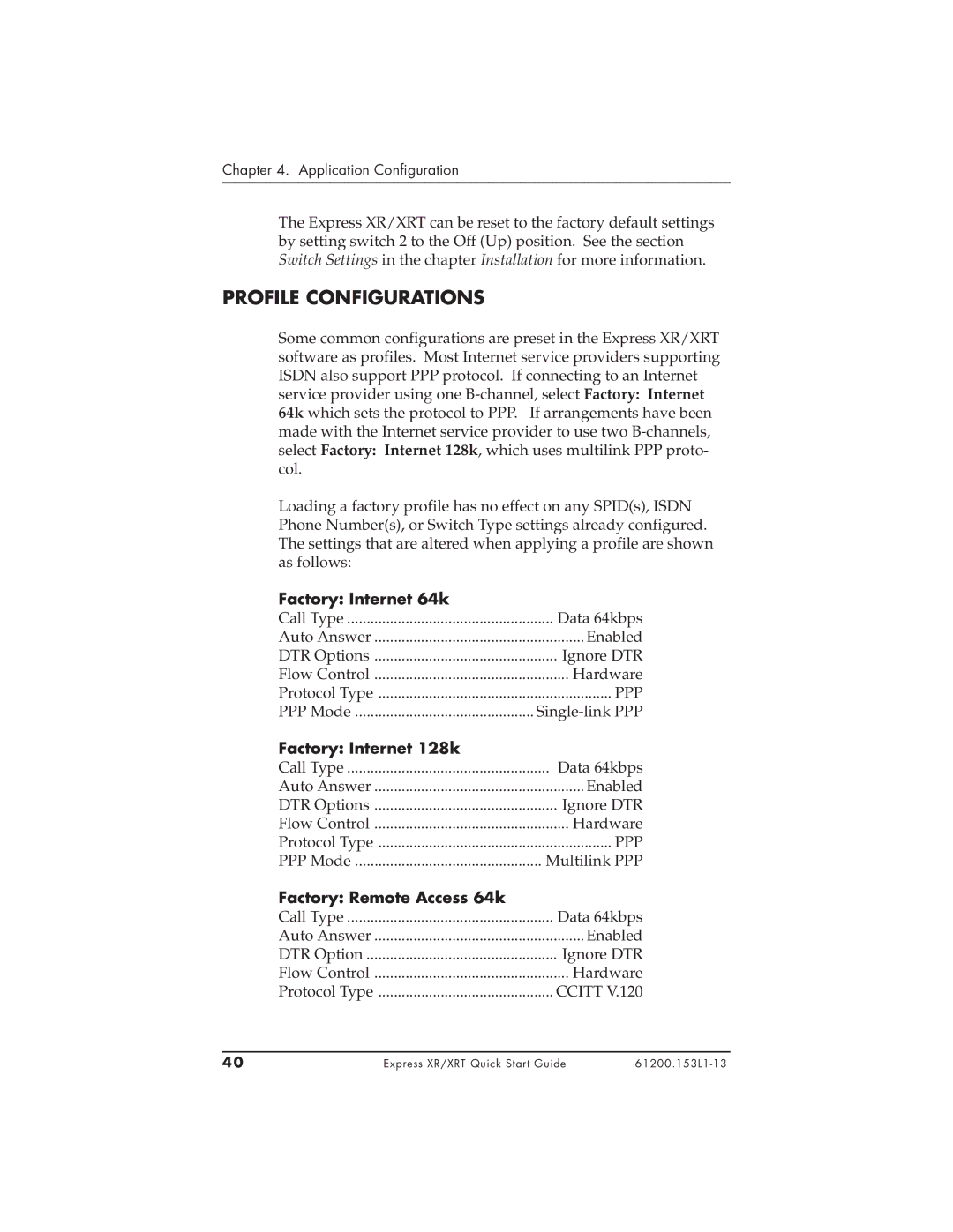 ADTRAN XRT, 3360.9VU01 Profile Configurations, Factory Internet 64k, Factory Internet 128k, Factory Remote Access 64k 