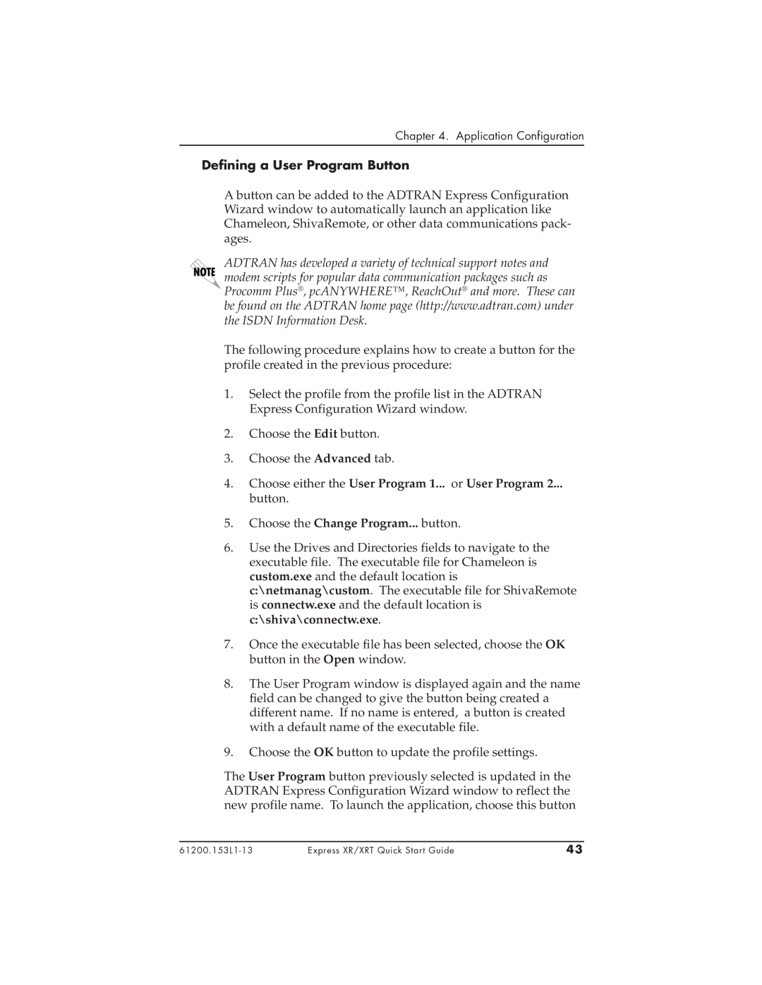 ADTRAN 1200153L2, 3360.9VU01, 1200153L1 Defining a User Program Button, Choose either the User Program 1... or User Program 