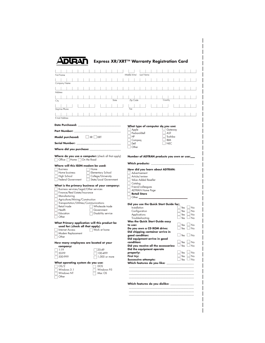 ADTRAN 3360.9VU01, 1200153L2, 1200153L1, 336048VUR-2 quick start Express XR/XRT Warranty Registration Card 