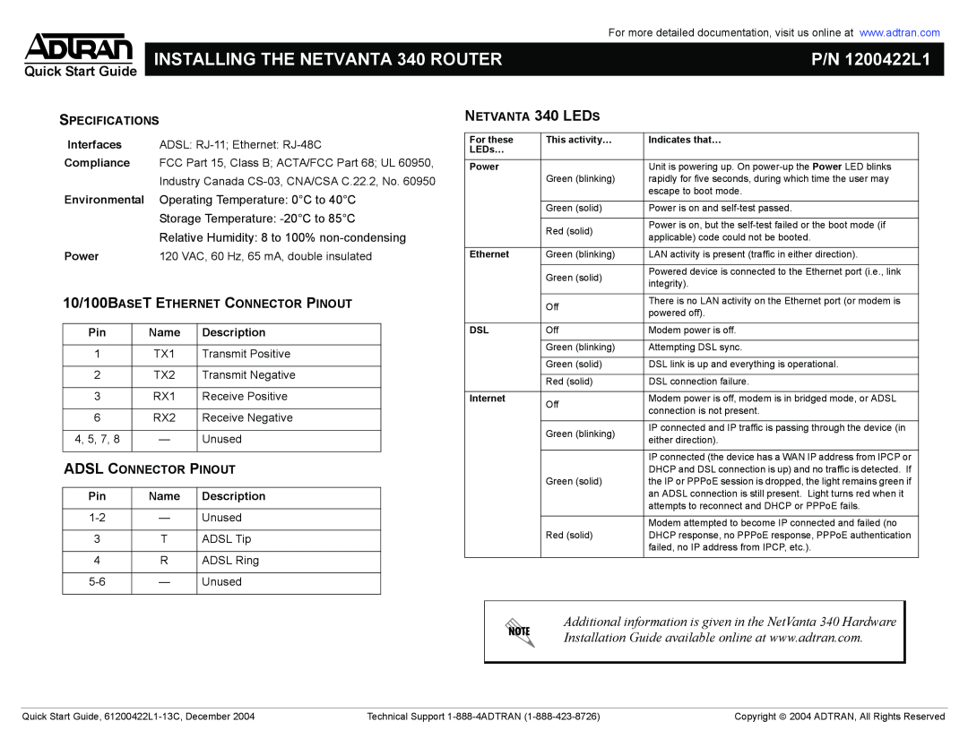 ADTRAN quick start INSTALLING THE NETVANTA 340 ROUTER, P/N 1200422L1, Quick Start Guide, 4, 5, 7 