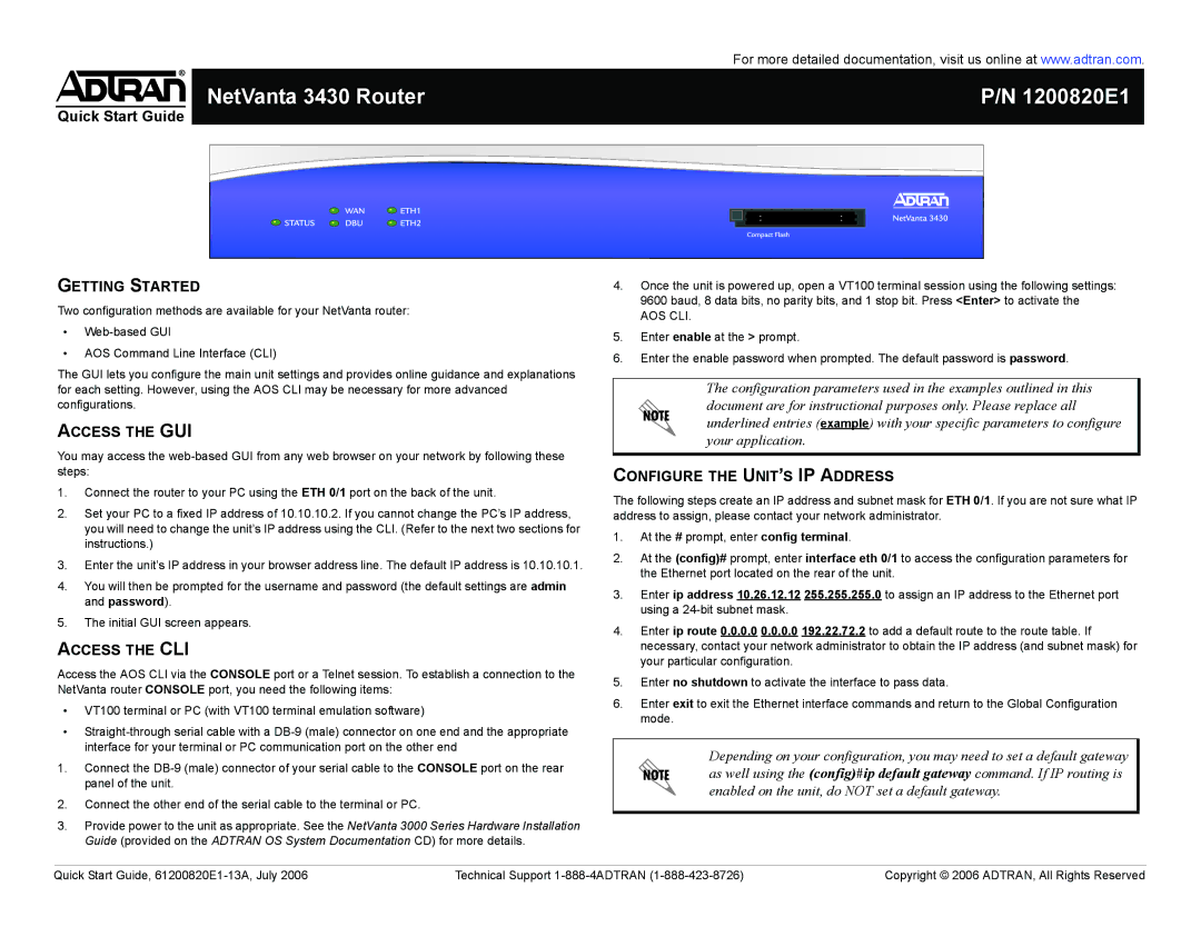 ADTRAN 3430 quick start Getting Started, Access the GUI, Access the CLI, Configure the UNIT’S IP Address, Aos Cli 