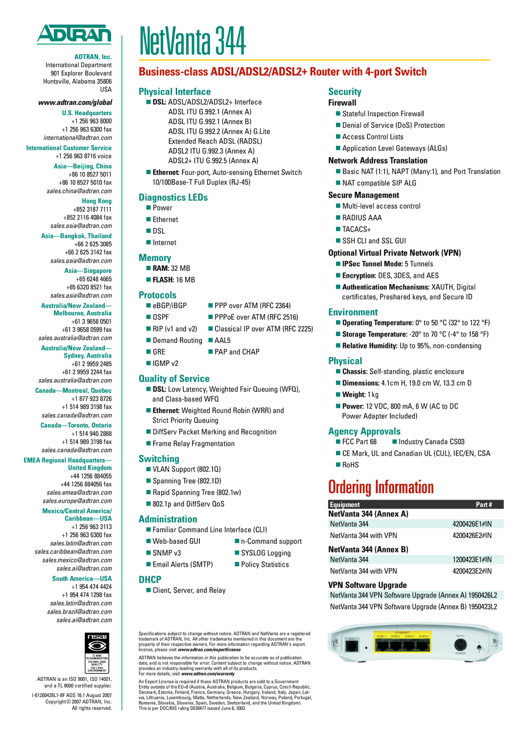 ADTRAN 344 Physical Interface Security, Diagnostics LEDs, Memory, Protocols, Environment, Quality of Service, Switching 