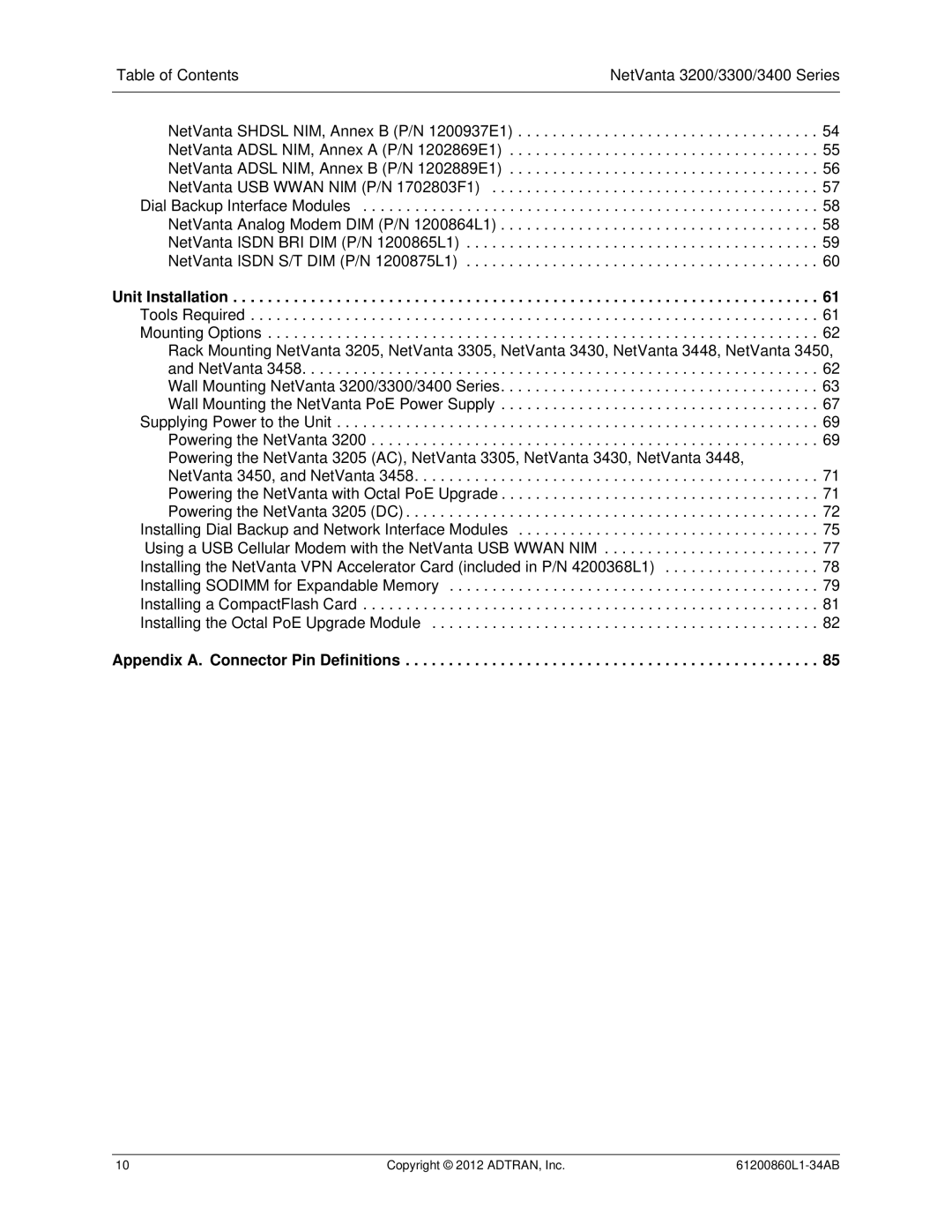 ADTRAN 1202820G1, 3448, 1202872L1, 1200821E1, 1203870G1, 1202880E1, 1203860G1 manual Appendix A. Connector Pin Definitions 