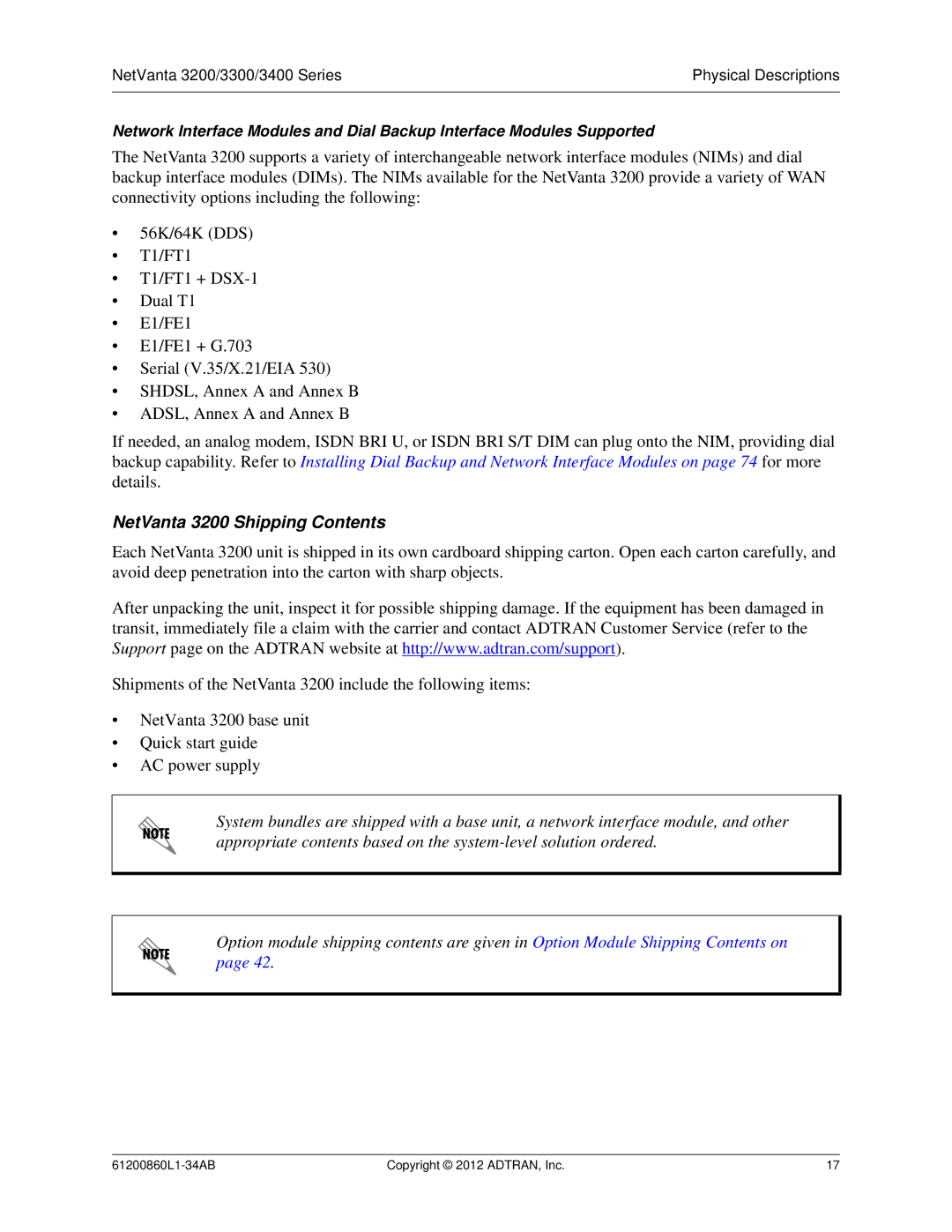 ADTRAN 1202820G1, 3448, 1202872L1, 1200821E1, 1203870G1, 1202880E1, 1203860G1 manual NetVanta 3200 Shipping Contents 
