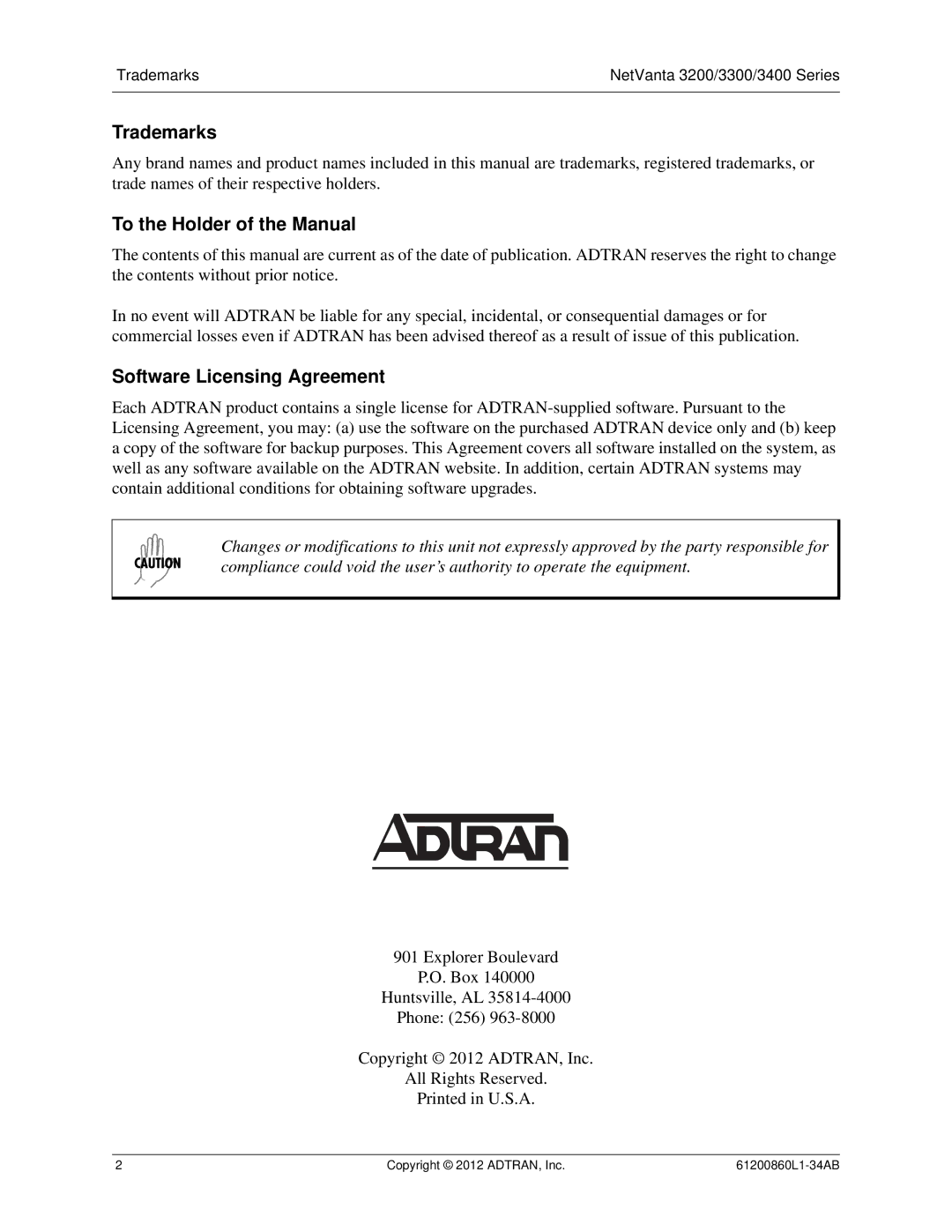 ADTRAN 1200821E1, 3448, 1202872L1, 1202820G1, 1203870G1 Trademarks, To the Holder of the Manual, Software Licensing Agreement 