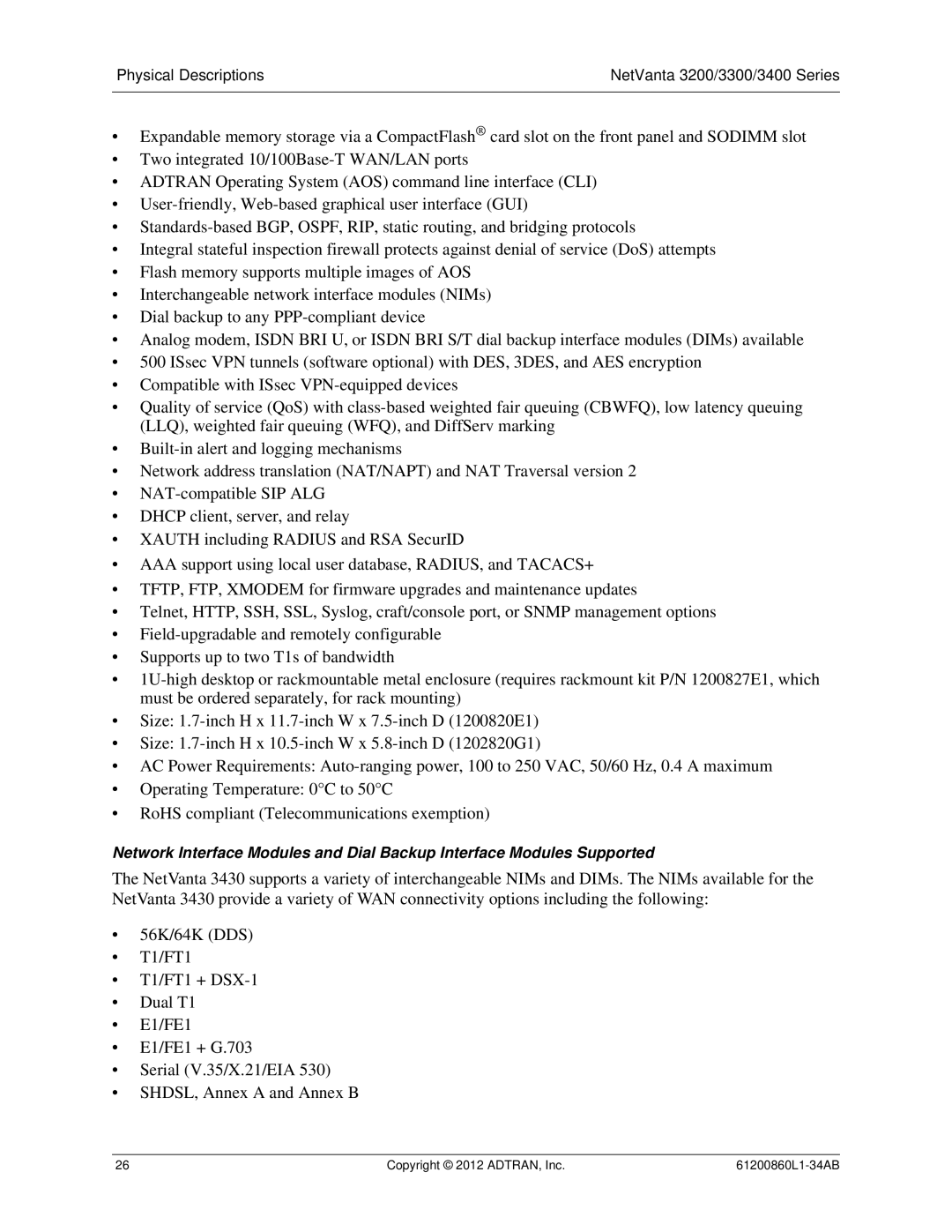 ADTRAN 1202880E1, 3448, 1202872L1, 1200821E1, 1202820G1, 1203870G1 manual Physical Descriptions NetVanta 3200/3300/3400 Series 