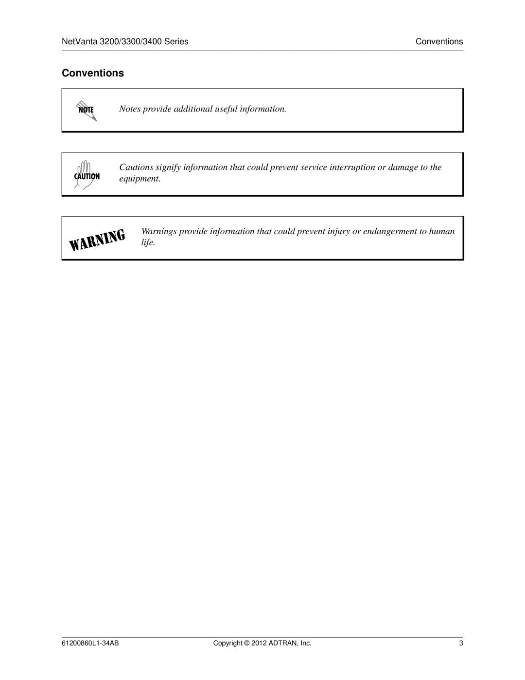 ADTRAN 1202820G1, 3448, 1202872L1, 1200821E1, 1203870G1, 1202880E1, 1203860G1 manual Conventions 