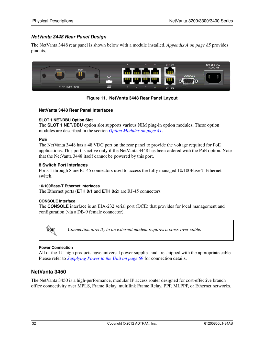 ADTRAN 1203870G1, 1202872L1, 1200821E1, 1202820G1, 1202880E1 NetVanta 3448 Rear Panel Design, PoE, Switch Port Interfaces 