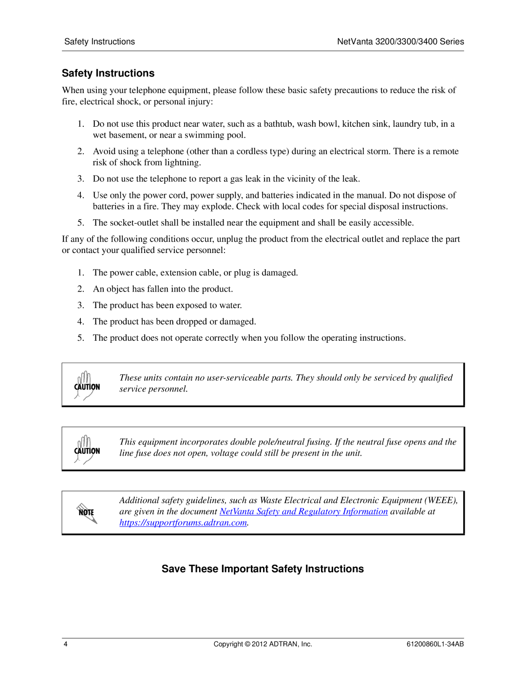 ADTRAN 1203870G1, 3448, 1202872L1, 1200821E1, 1202820G1, 1202880E1, 1203860G1 manual Save These Important Safety Instructions 