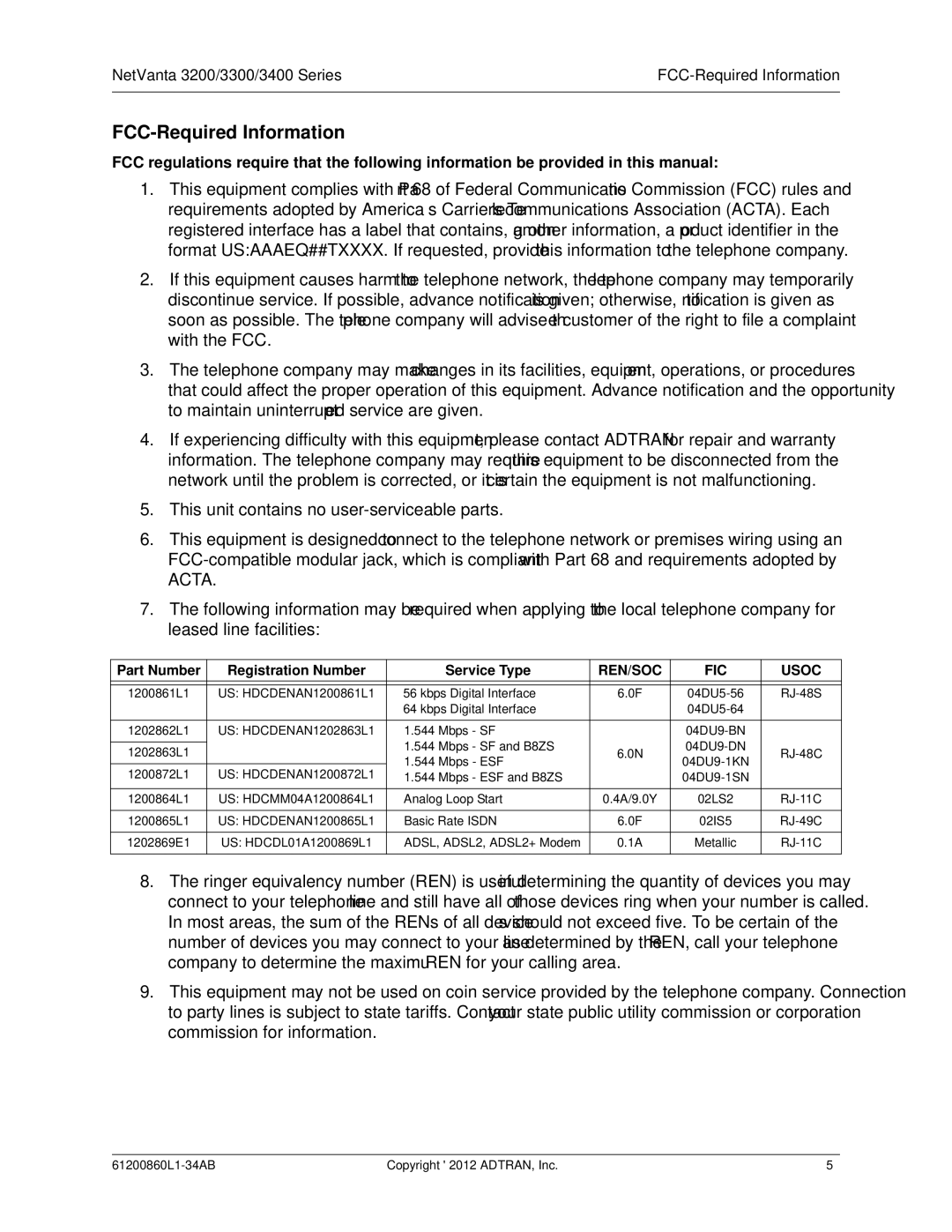 ADTRAN 1202880E1, 3448, 1202872L1, 1200821E1, 1202820G1, 1203870G1, 1203860G1 manual FCC-Required Information, REN/SOC FIC Usoc 