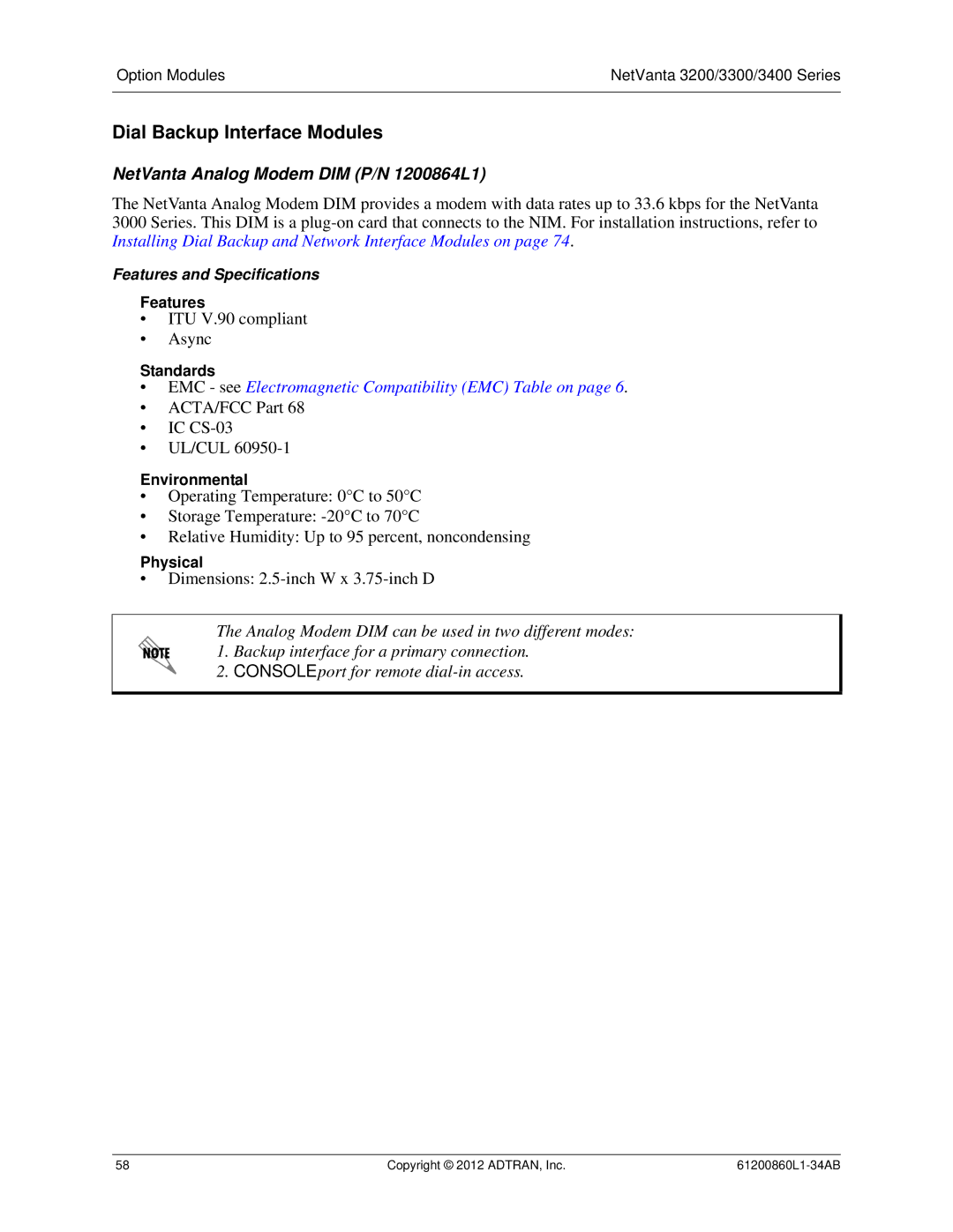 ADTRAN 1200821E1, 3448 manual Dial Backup Interface Modules, NetVanta Analog Modem DIM P/N 1200864L1, Features, Standards 