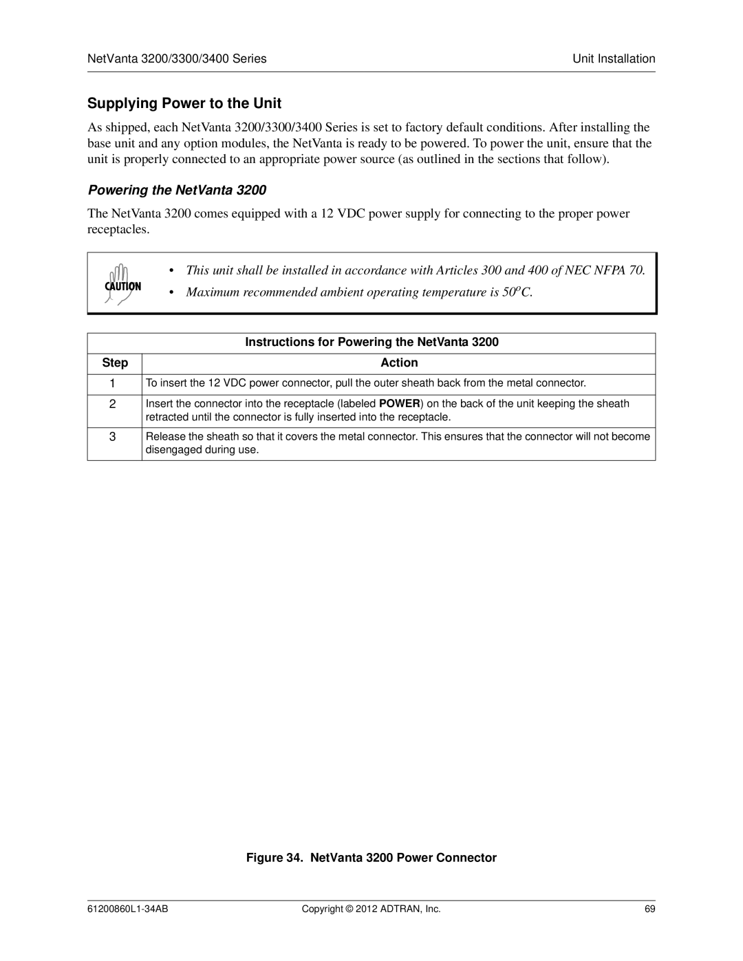 ADTRAN 1203860G1, 3448, 1202872L1, 1200821E1 manual Supplying Power to the Unit, Instructions for Powering the NetVanta 