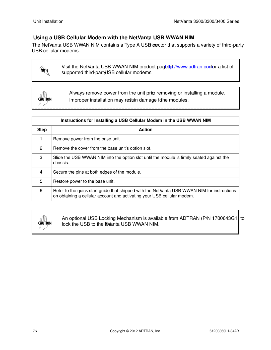 ADTRAN 1203860G1, 3448, 1202872L1, 1200821E1, 1202820G1, 1203870G1 Using a USB Cellular Modem with the NetVanta USB Wwan NIM 