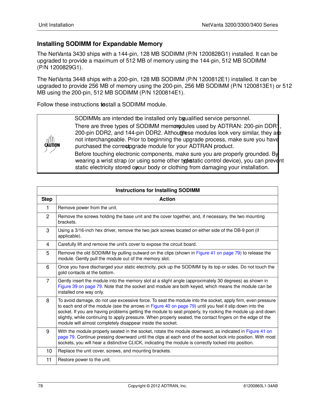 ADTRAN 1202872L1, 3448, 1200821E1, 1202820G1 Installing Sodimm for Expandable Memory, Instructions for Installing Sodimm 