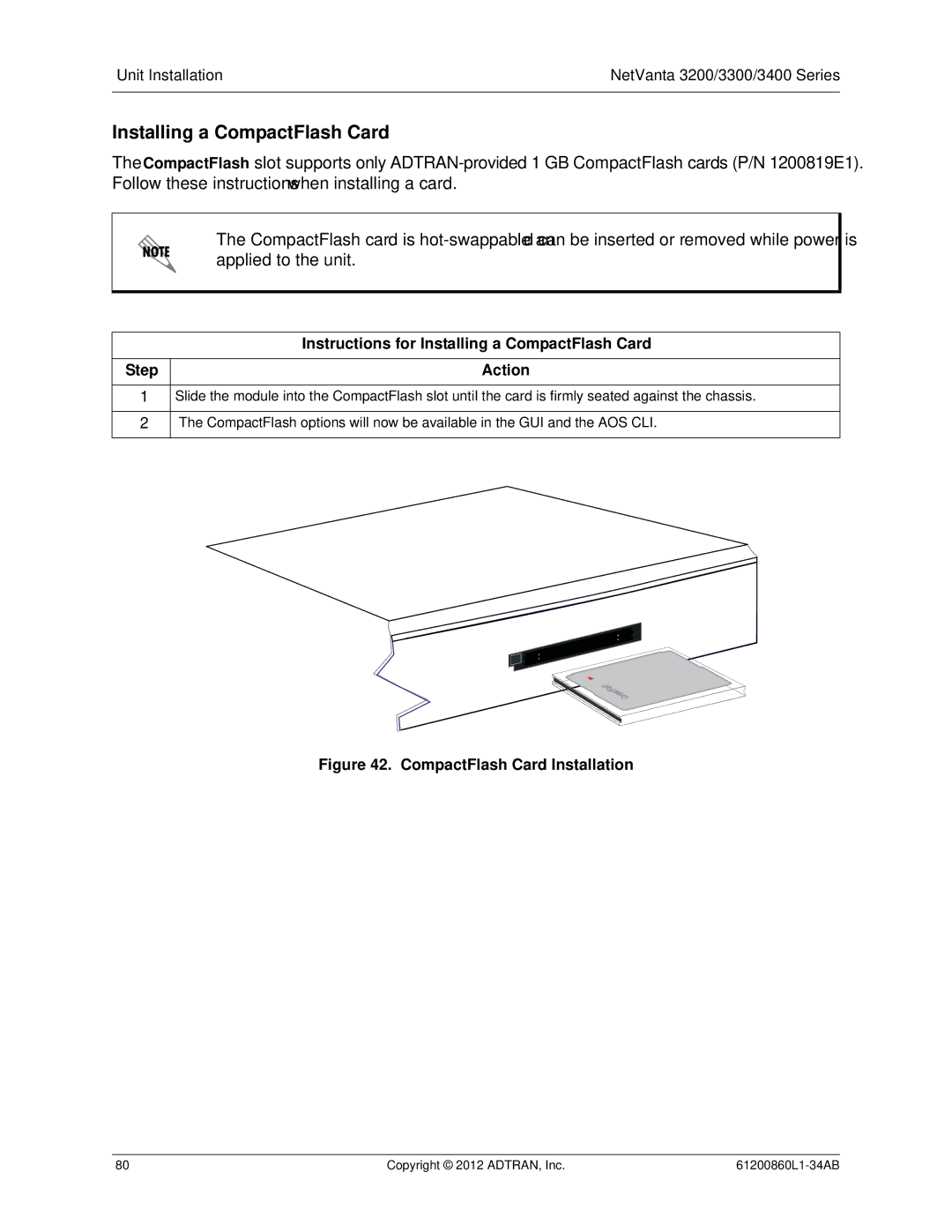 ADTRAN 1202820G1, 3448, 1202872L1, 1200821E1, 1203870G1, 1202880E1 manual Instructions for Installing a CompactFlash Card 