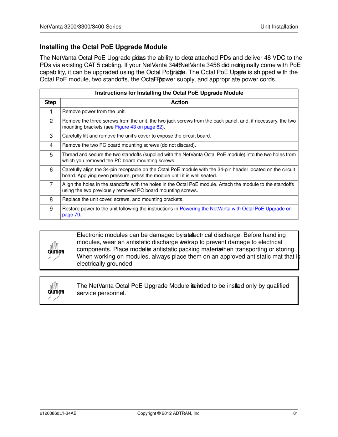 ADTRAN 1203870G1, 3448, 1202872L1, 1200821E1, 1202820G1 manual Instructions for Installing the Octal PoE Upgrade Module 