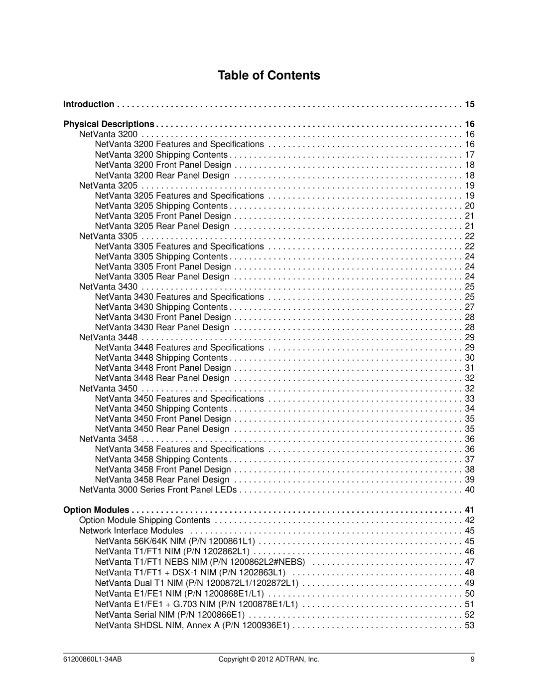 ADTRAN 1200821E1, 3448, 1202872L1, 1202820G1, 1203870G1, 1202880E1, 1203860G1 manual Table of Contents 