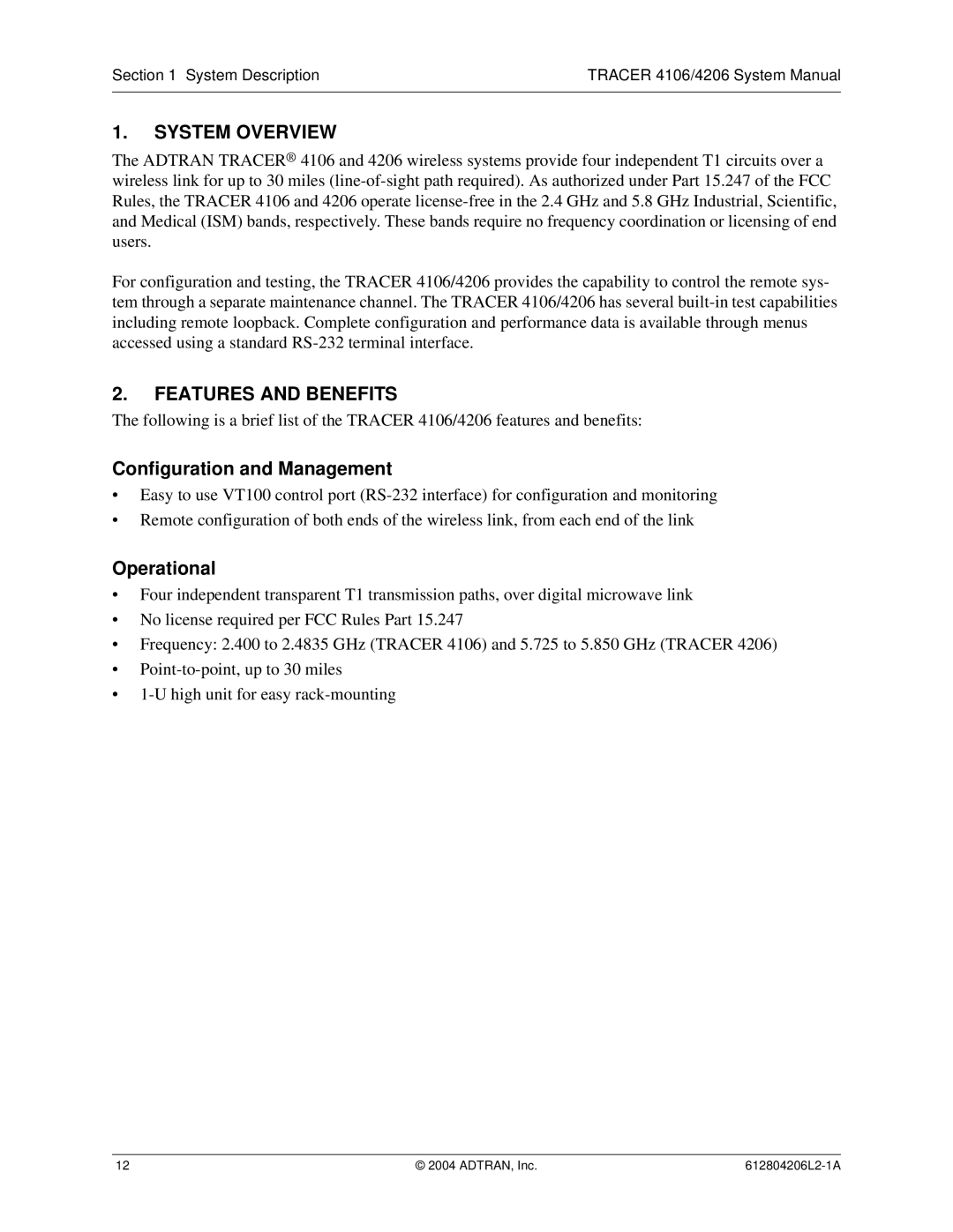 ADTRAN 4106 Plan A, 4206 Plan A System Overview, Features and Benefits, Configuration and Management, Operational 