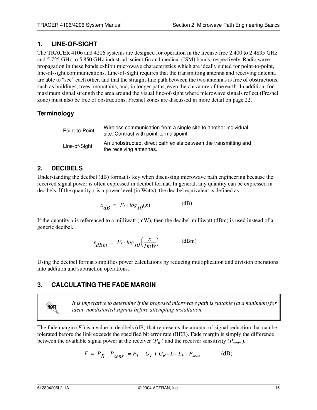 ADTRAN 4206 Plan A, 4106 Plan A system manual Line-Of-Sight, Terminology, Decibels, Calculating the Fade Margin 