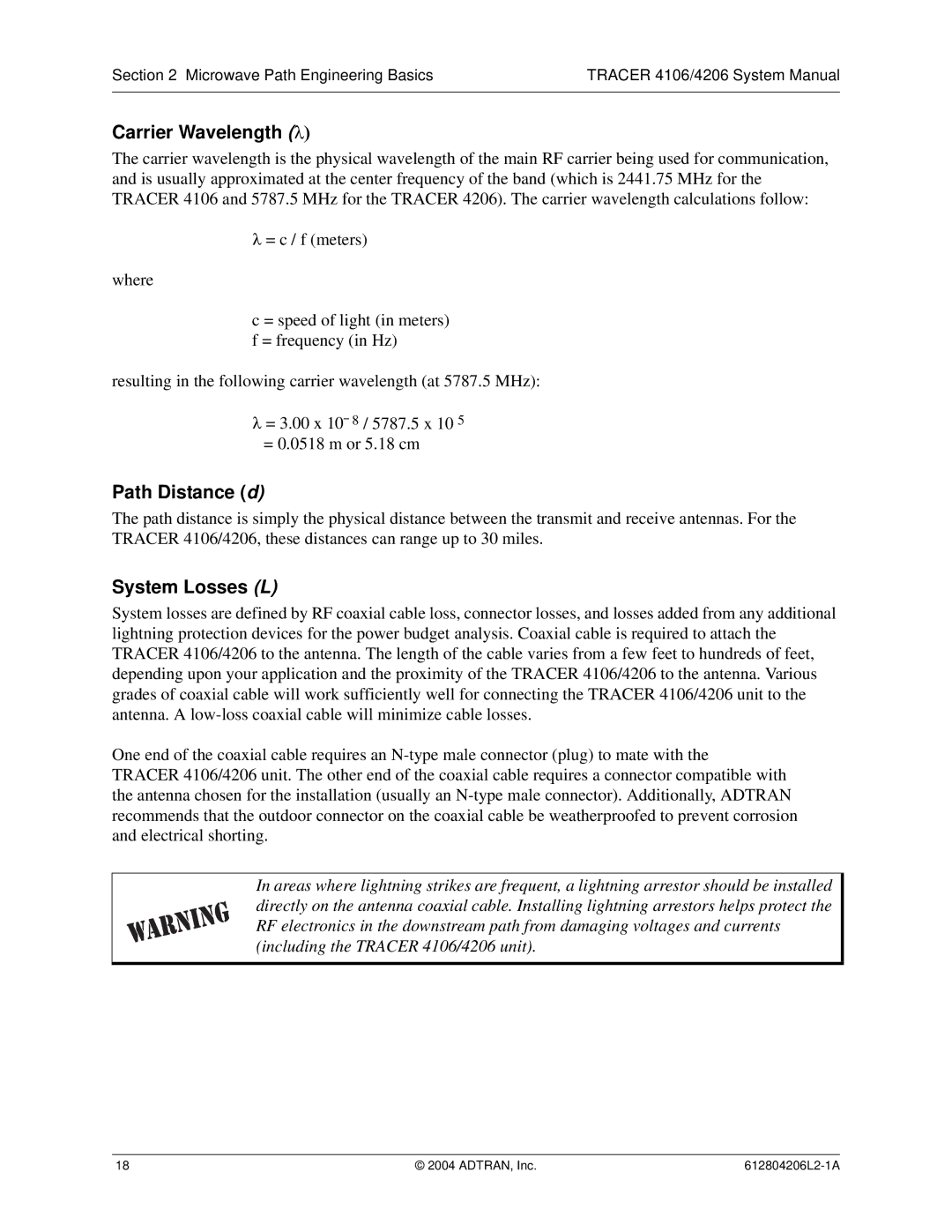 ADTRAN 4106 Plan A, 4206 Plan A system manual Carrier Wavelength λ, Path Distance d, System Losses L 