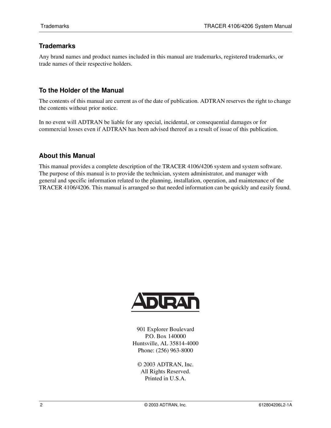 ADTRAN 4106 Plan A, 4206 Plan A system manual Trademarks, To the Holder of the Manual, About this Manual 