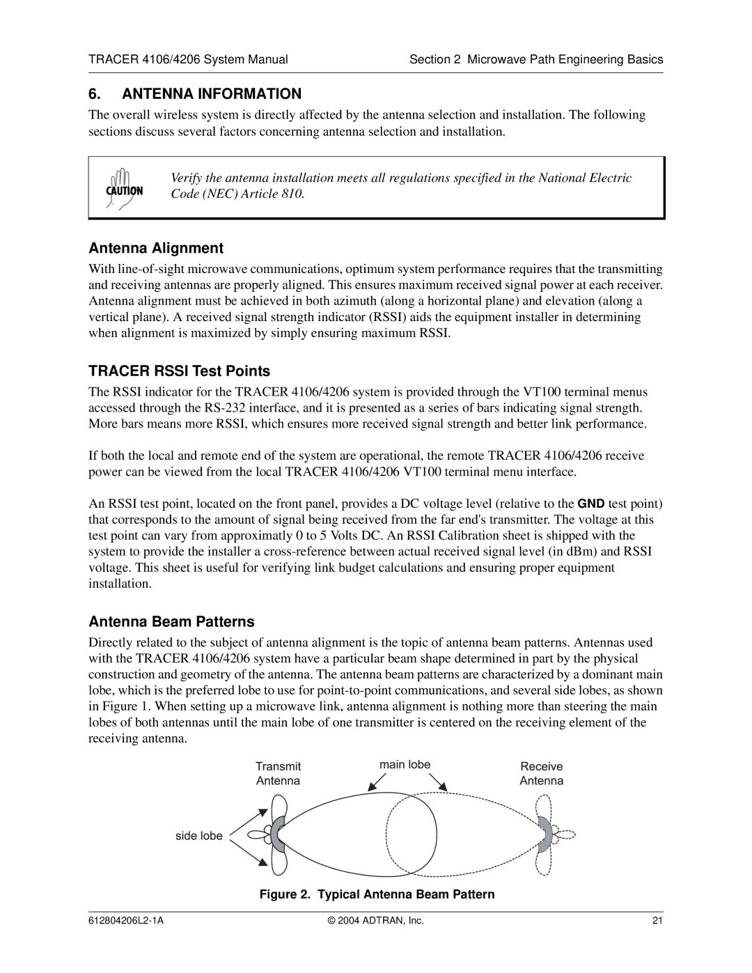 ADTRAN 4206 Plan A, 4106 Plan A Antenna Information, Antenna Alignment, Tracer Rssi Test Points, Antenna Beam Patterns 