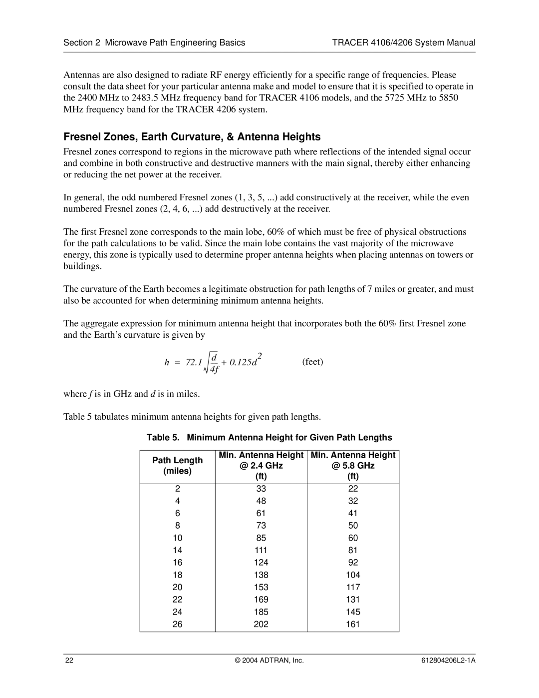 ADTRAN 4106 Plan A, 4206 Plan A system manual Fresnel Zones, Earth Curvature, & Antenna Heights 