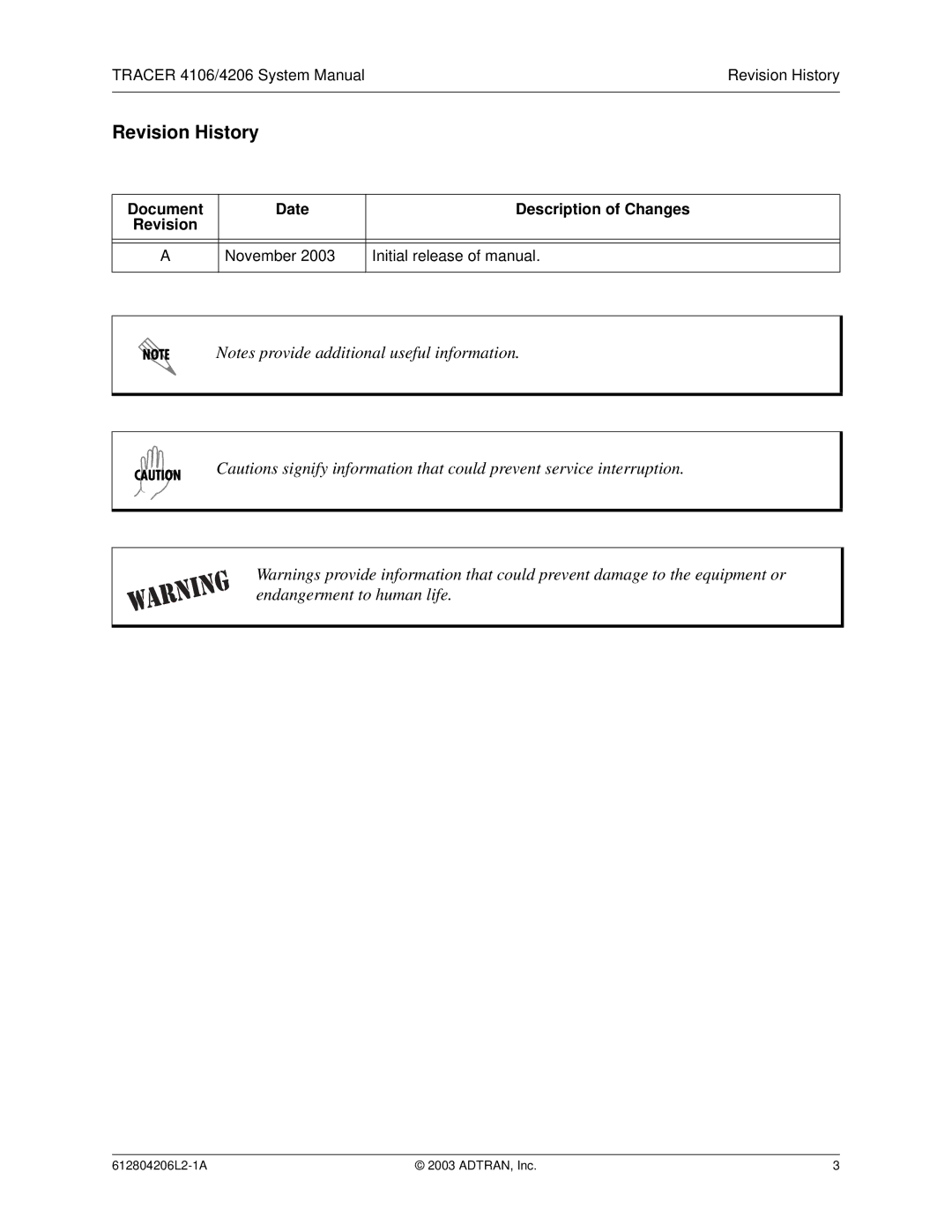 ADTRAN 4206 Plan A, 4106 Plan A system manual Revision History 