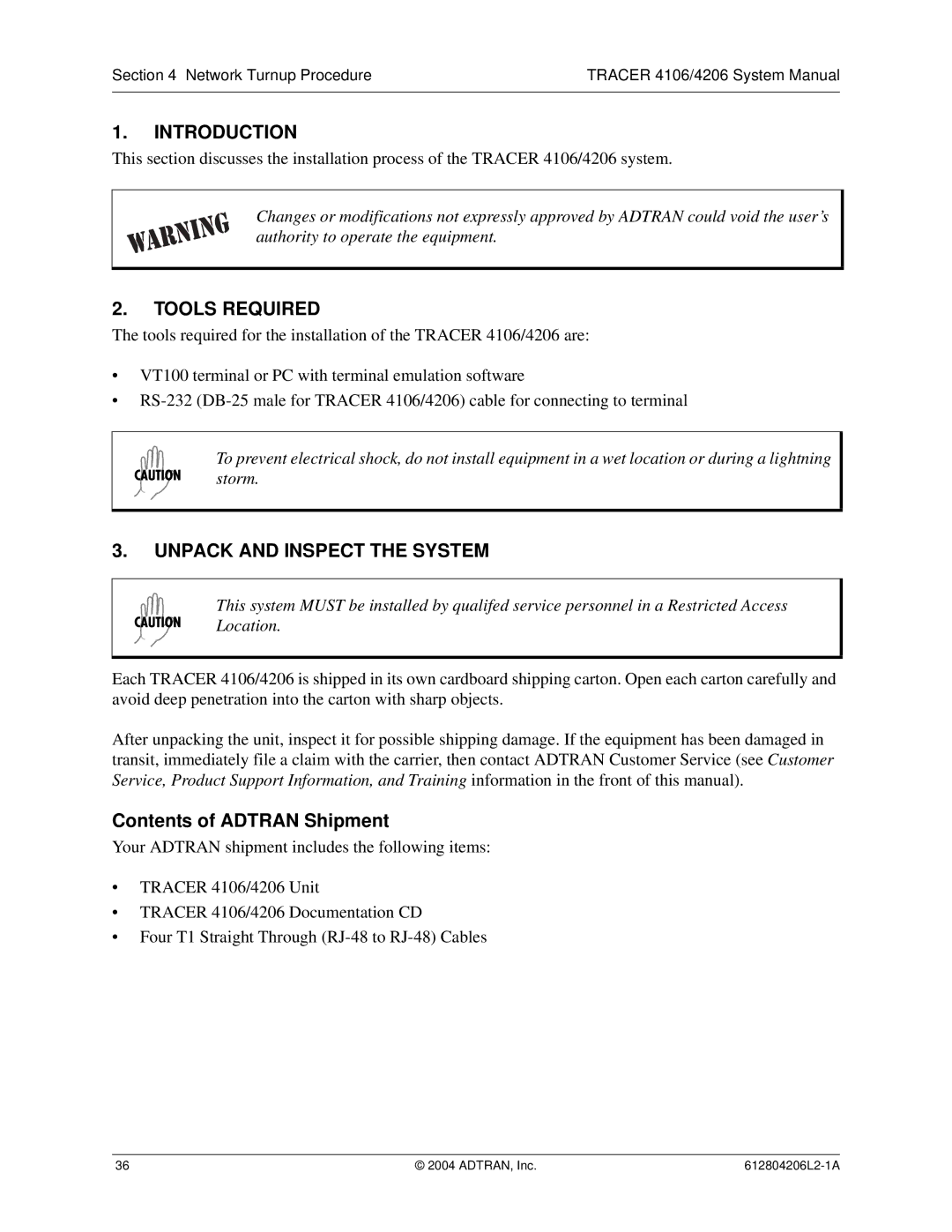 ADTRAN 4106 Plan A, 4206 Plan A Introduction, Tools Required, Unpack and Inspect the System, Contents of Adtran Shipment 