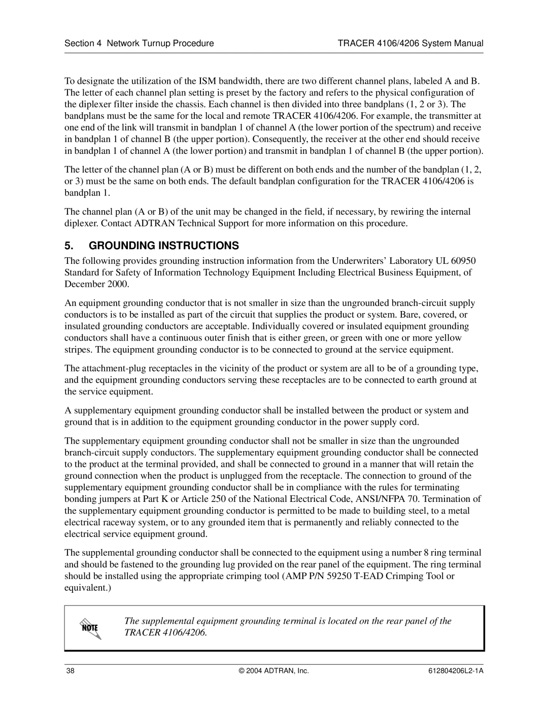 ADTRAN 4106 Plan A, 4206 Plan A system manual Grounding Instructions 