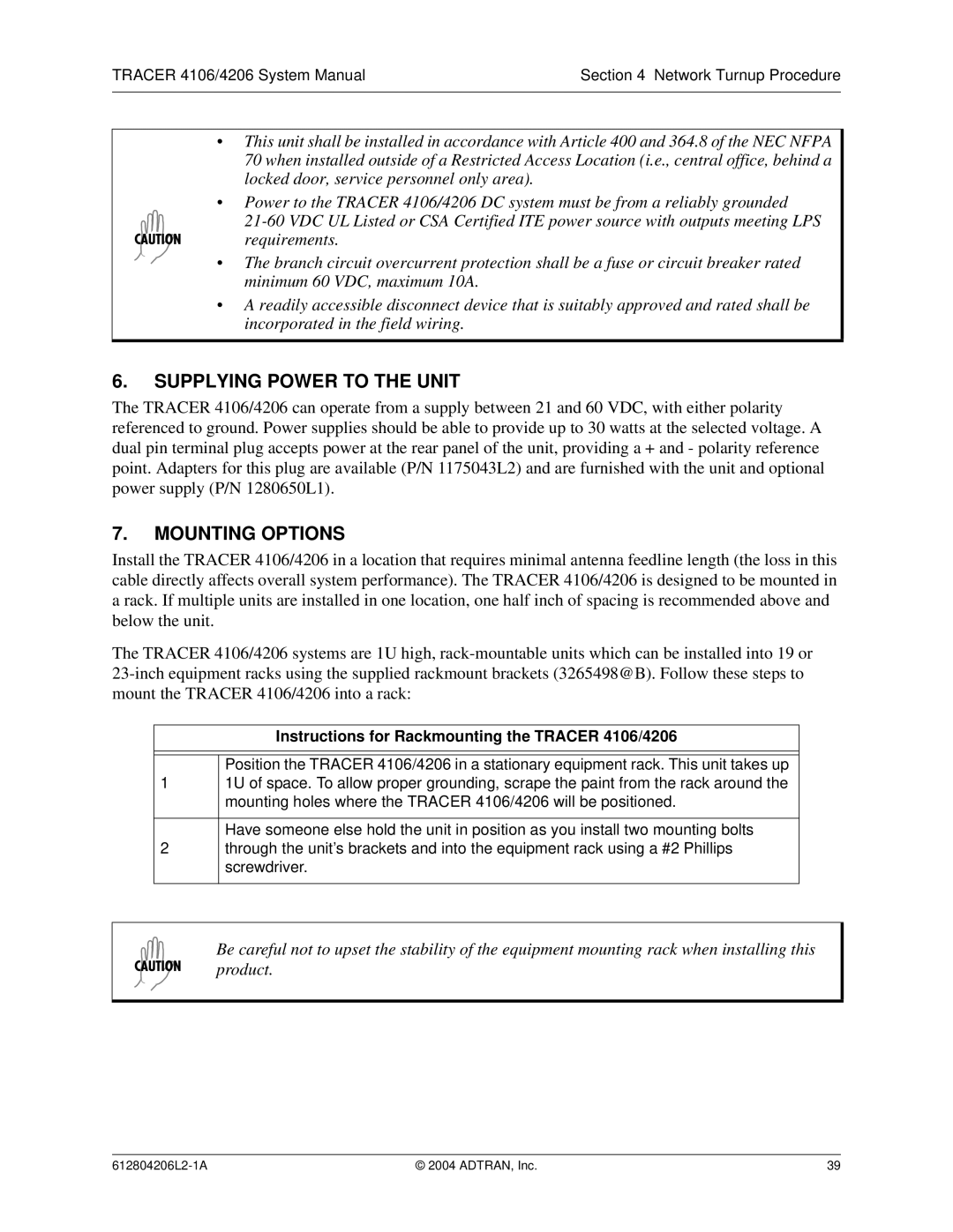 ADTRAN 4206 Plan A Supplying Power to the Unit, Mounting Options, Instructions for Rackmounting the Tracer 4106/4206 