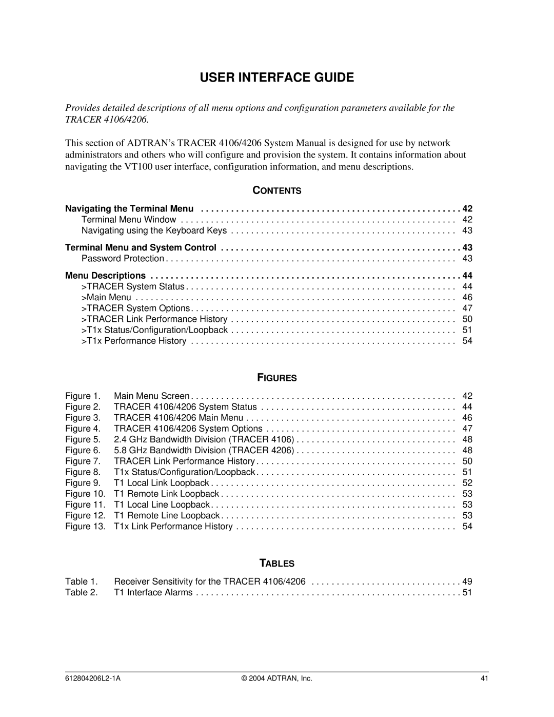 ADTRAN 4206 Plan A, 4106 Plan A system manual User Interface Guide, Menu Descriptions 