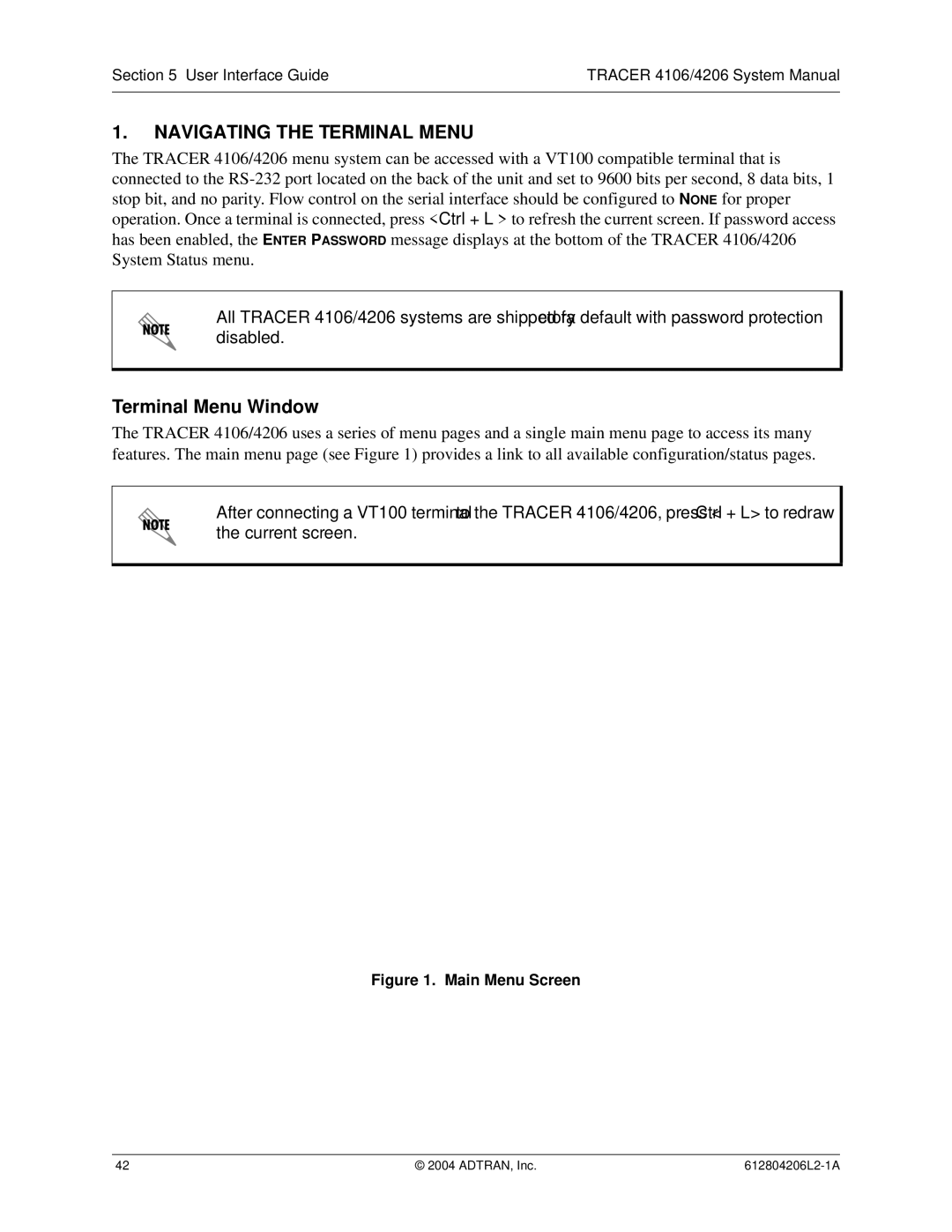 ADTRAN 4106 Plan A, 4206 Plan A system manual Navigating the Terminal Menu, Terminal Menu Window 