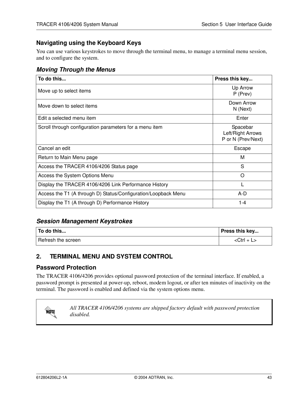 ADTRAN 4206 Plan A Navigating using the Keyboard Keys, Terminal Menu and System Control, Password Protection, To do this 