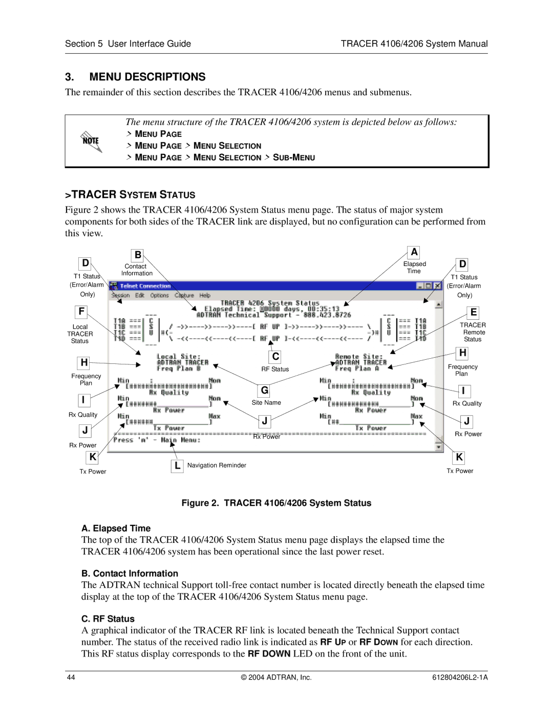 ADTRAN 4106 Plan A, 4206 Plan A system manual Menu Descriptions, Elapsed Time, Contact Information, RF Status 