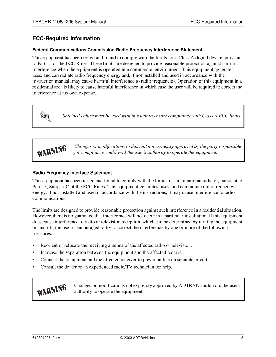 ADTRAN 4206 Plan A, 4106 Plan A system manual FCC-Required Information, Radio Frequency Interface Statement 