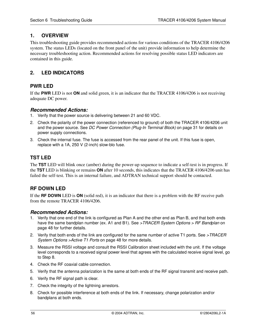 ADTRAN 4106 Plan A, 4206 Plan A system manual Overview, LED Indicators PWR LED, Tst Led, RF Down LED 