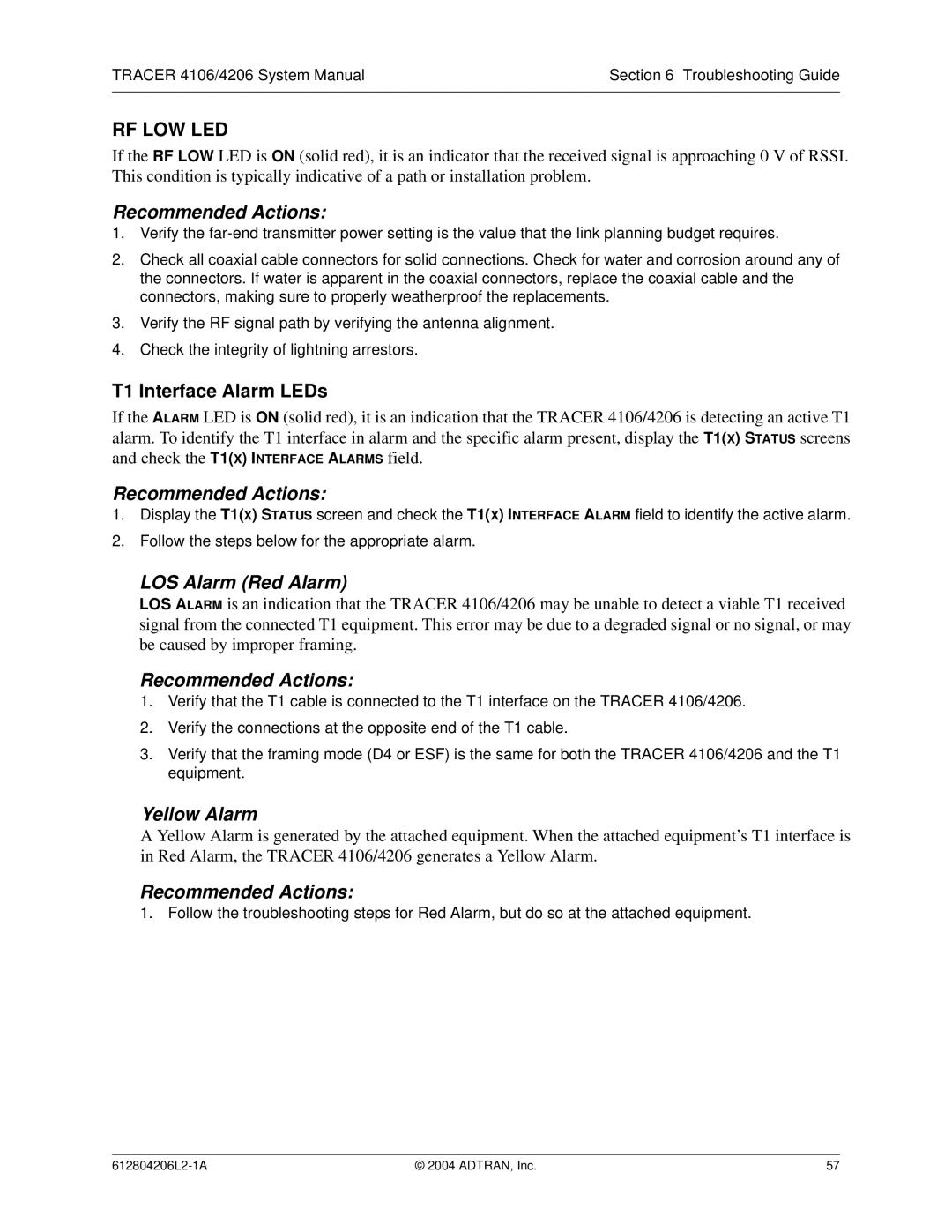 ADTRAN 4206 Plan A, 4106 Plan A system manual Rf Low Led, T1 Interface Alarm LEDs 