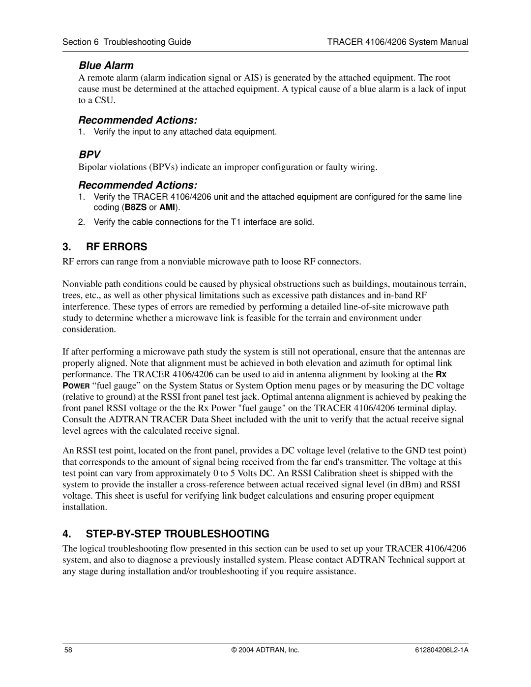 ADTRAN 4106 Plan A, 4206 Plan A system manual RF Errors, STEP-BY-STEP Troubleshooting 