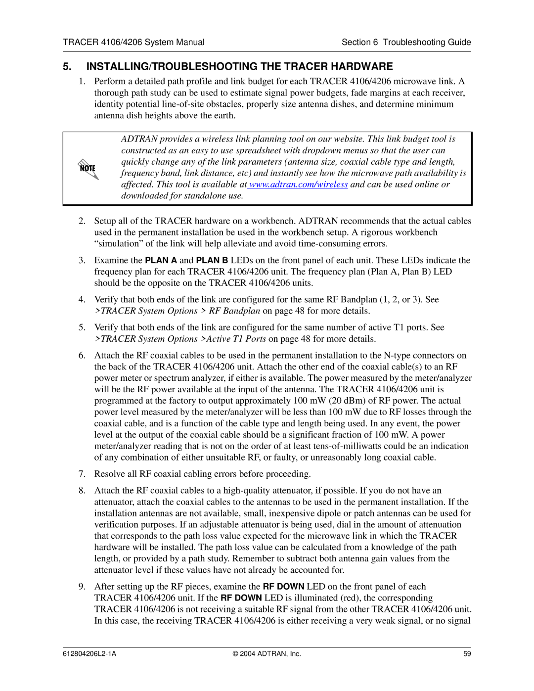 ADTRAN 4206 Plan A, 4106 Plan A system manual INSTALLING/TROUBLESHOOTING the Tracer Hardware 