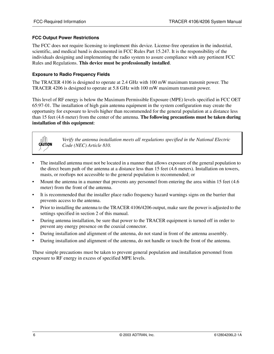 ADTRAN 4106 Plan A, 4206 Plan A system manual FCC Output Power Restrictions, Exposure to Radio Frequency Fields 