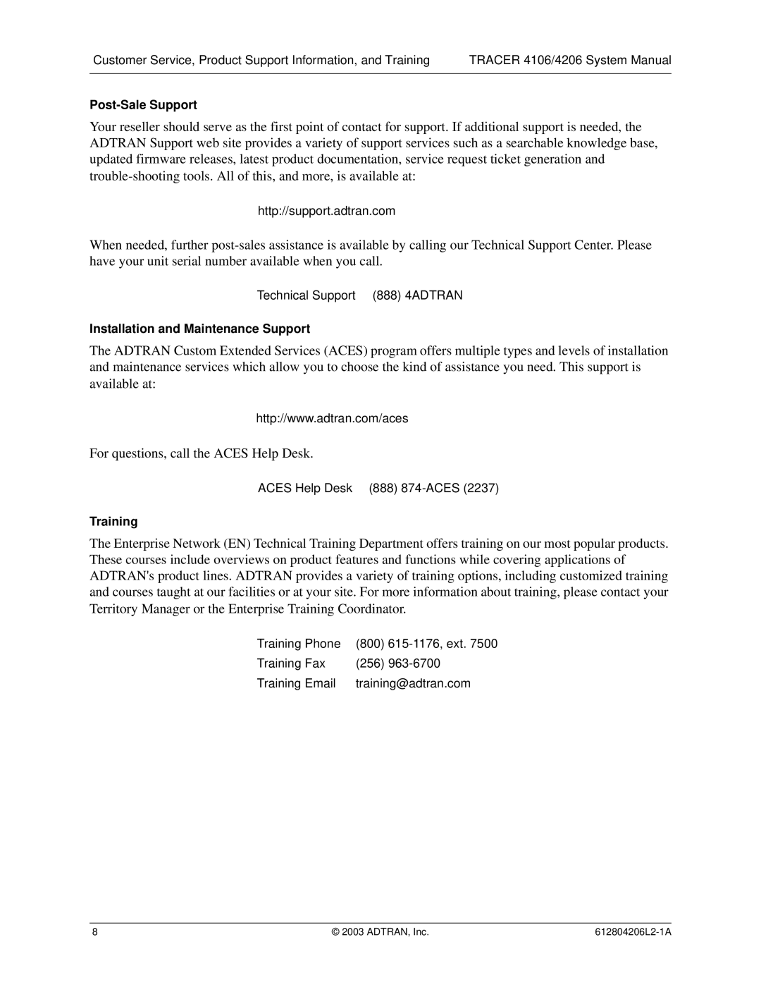 ADTRAN 4106 Plan A, 4206 Plan A system manual Post-Sale Support, Installation and Maintenance Support, Training 