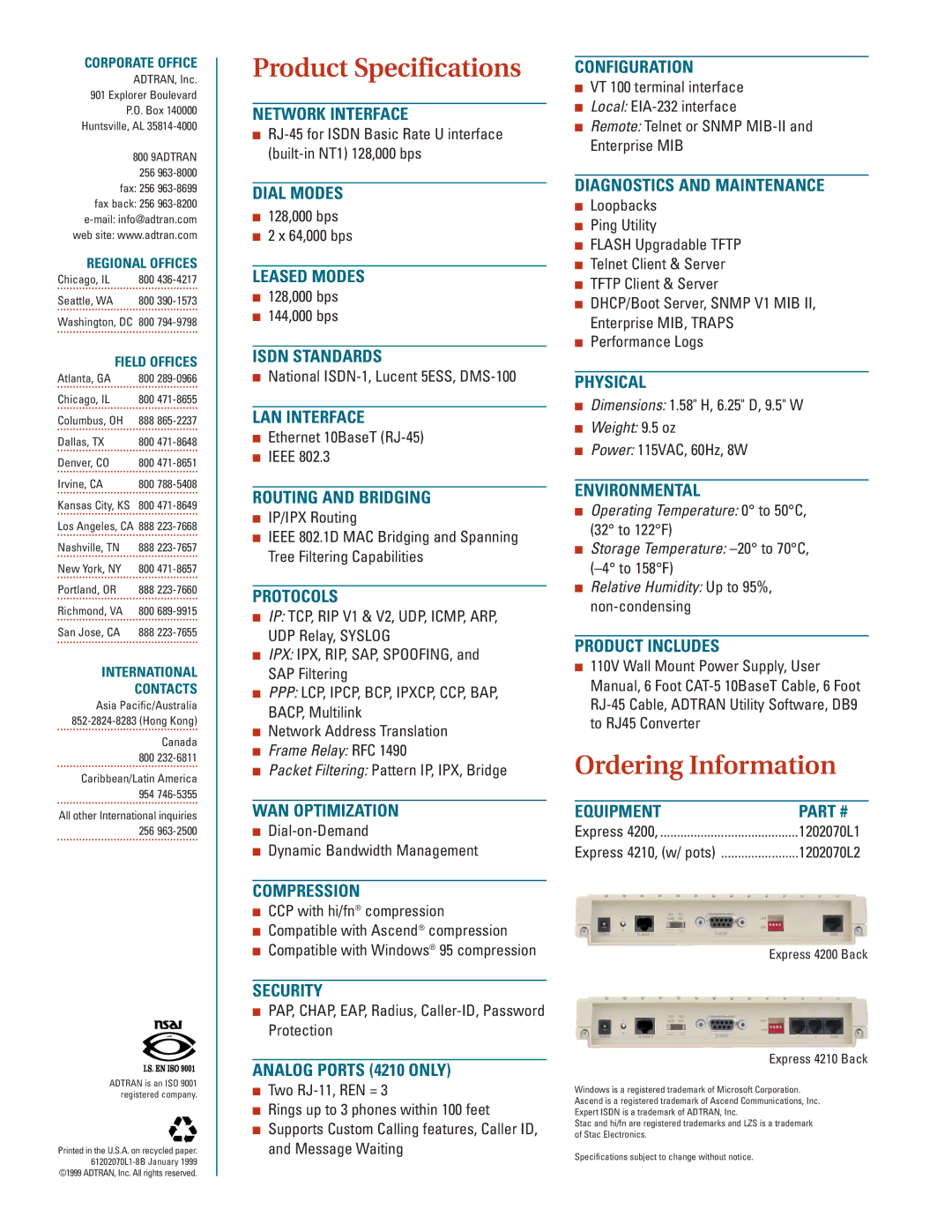 ADTRAN 4200 warranty Product Specifications, Ordering Information 