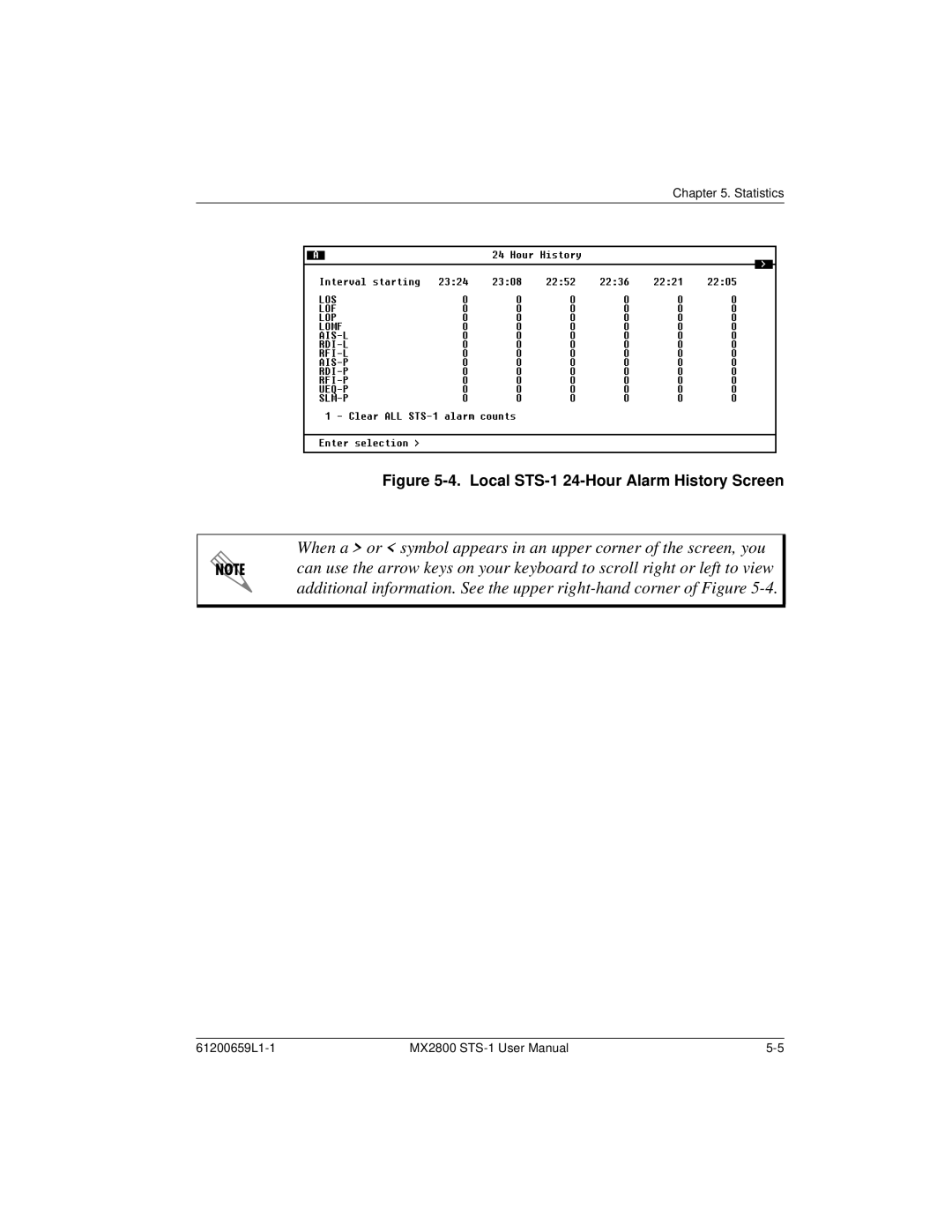 ADTRAN 1200287L1, 4200659L1, 4175043L2, 4200659L5, 4200659L8, 4200659L2, 4200659L7 Local STS-1 24-Hour Alarm History Screen 