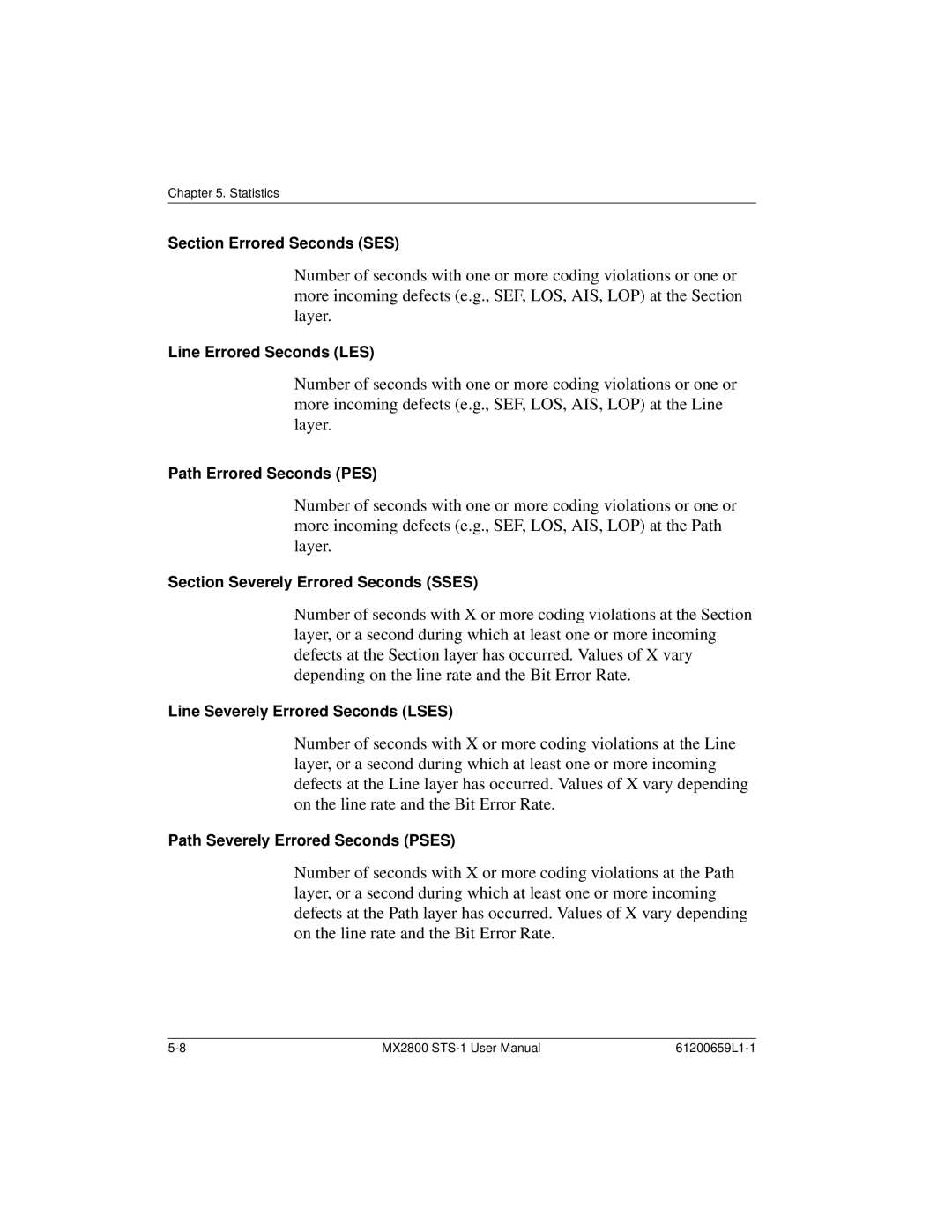 ADTRAN 4200659L5, 4200659L1, 4175043L2 Section Errored Seconds SES, Line Errored Seconds LES, Path Errored Seconds PES 